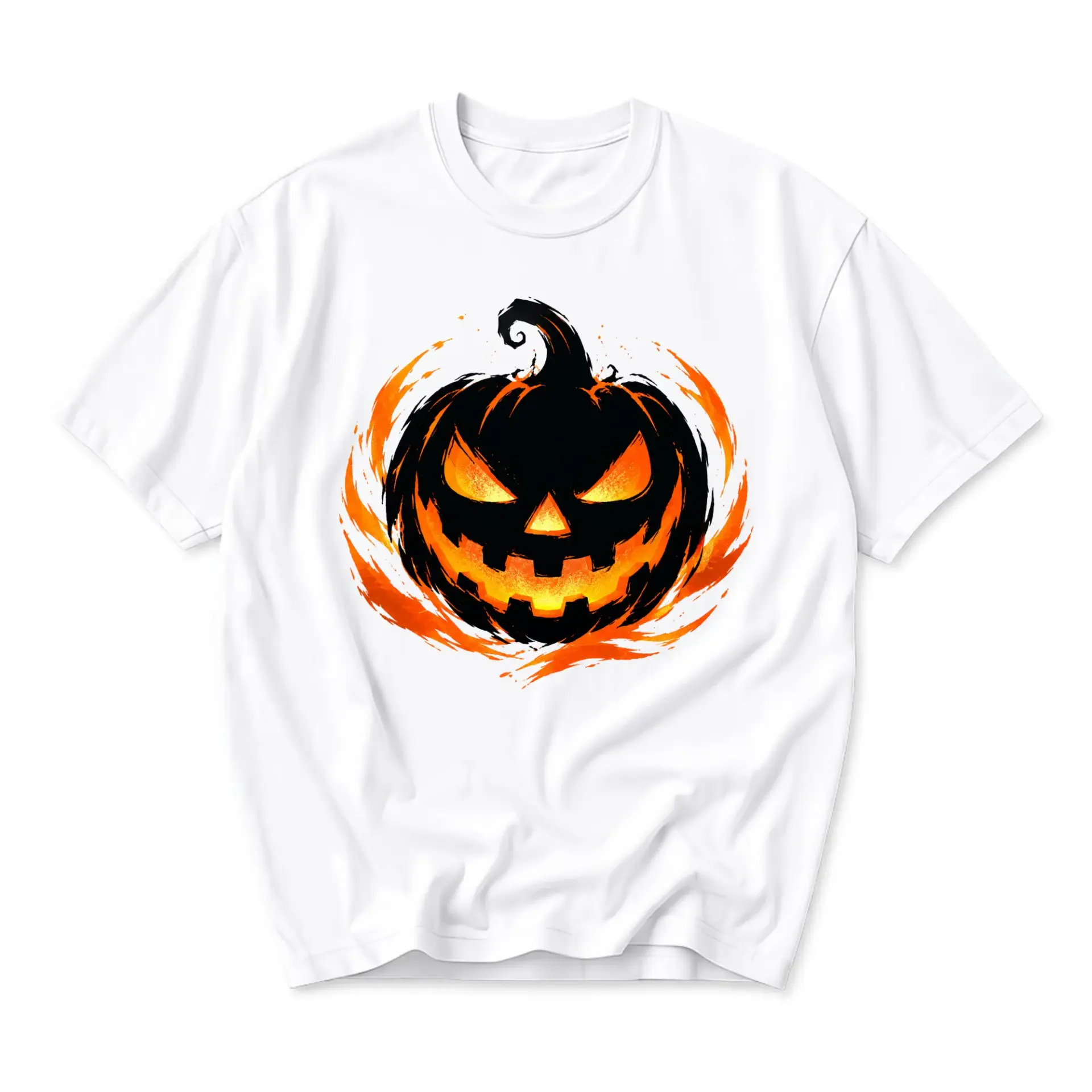 Graphic Tee Unisex Halloween Pumpkin Shirt with Flaming Jack O Lantern Print for Casual Wear and Everyday Outfits