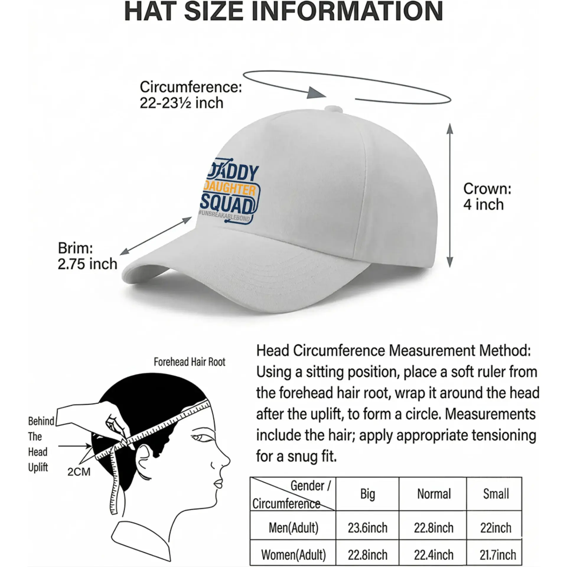 Dad Hat Daddy Daughter Squad Baseball Cap Embroidered Graphic Adjustable Strap Unisex White Cotton Blend Sun Hat