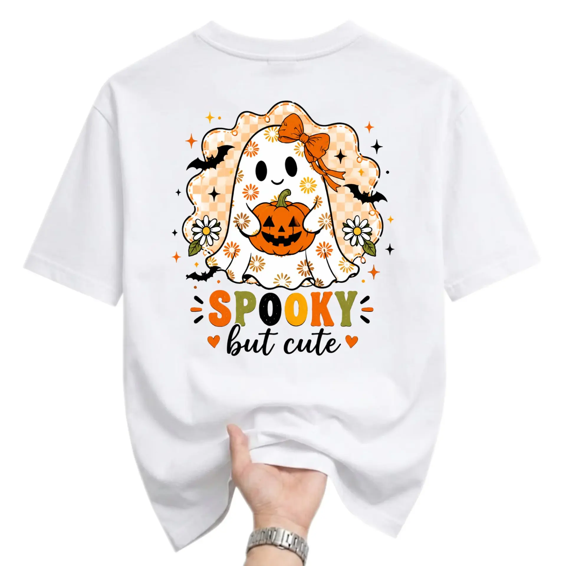 Graphic Tee Spooky but Cute Ghost Halloween Shirt Unisex Cotton Blend Crew Neck Casual Apparel for Fall Season Wear