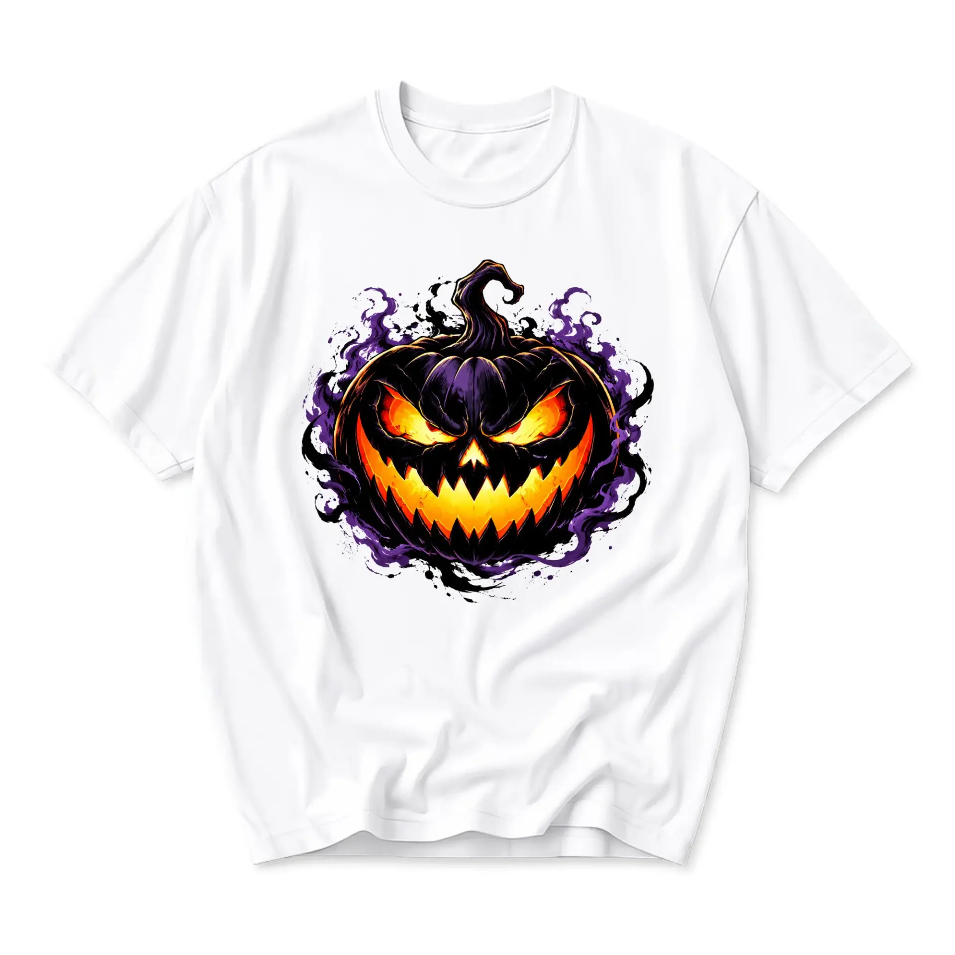 Graphic Tee Unisex Crew Neck T-Shirt Featuring Spooky Glowing Pumpkin Jack-O-Lantern Illustration for Fall Fashion