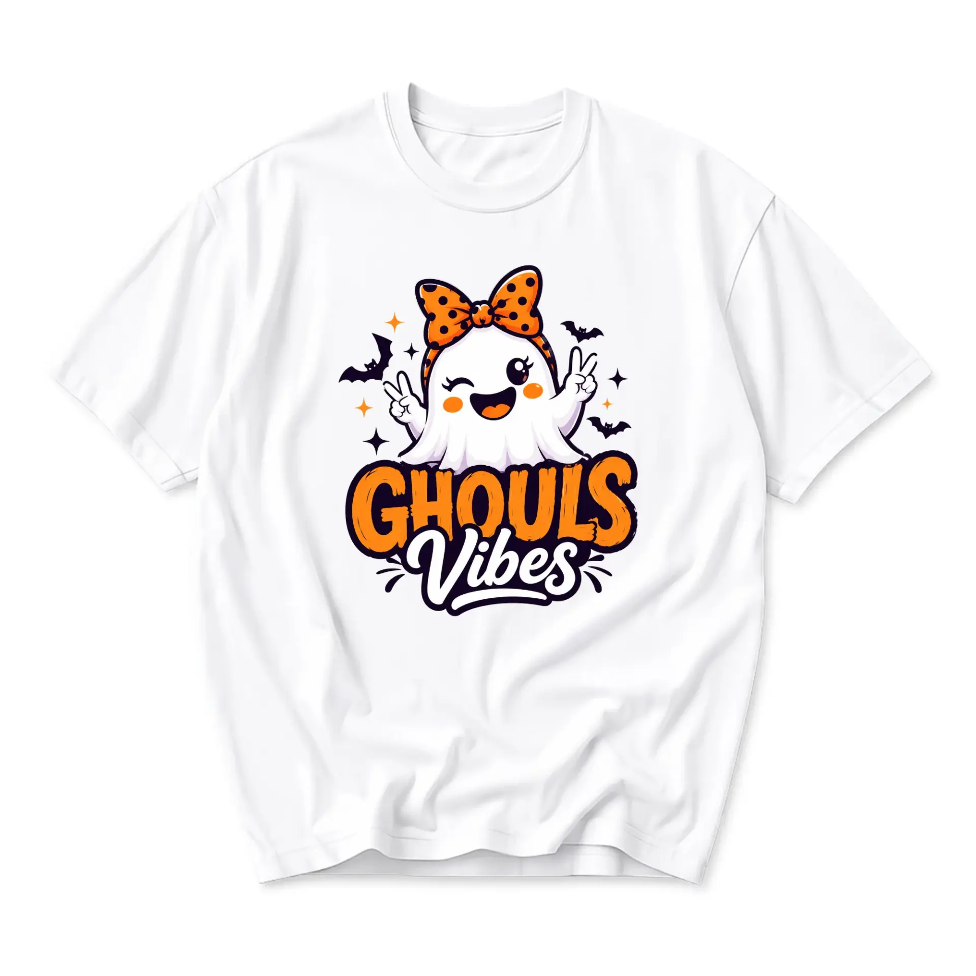 Funny Shirt Ghouls Vibes Ghost Graphic Tee Cute Halloween Spooky Season Unisex Crew Neck Casual Cotton Top Apparel