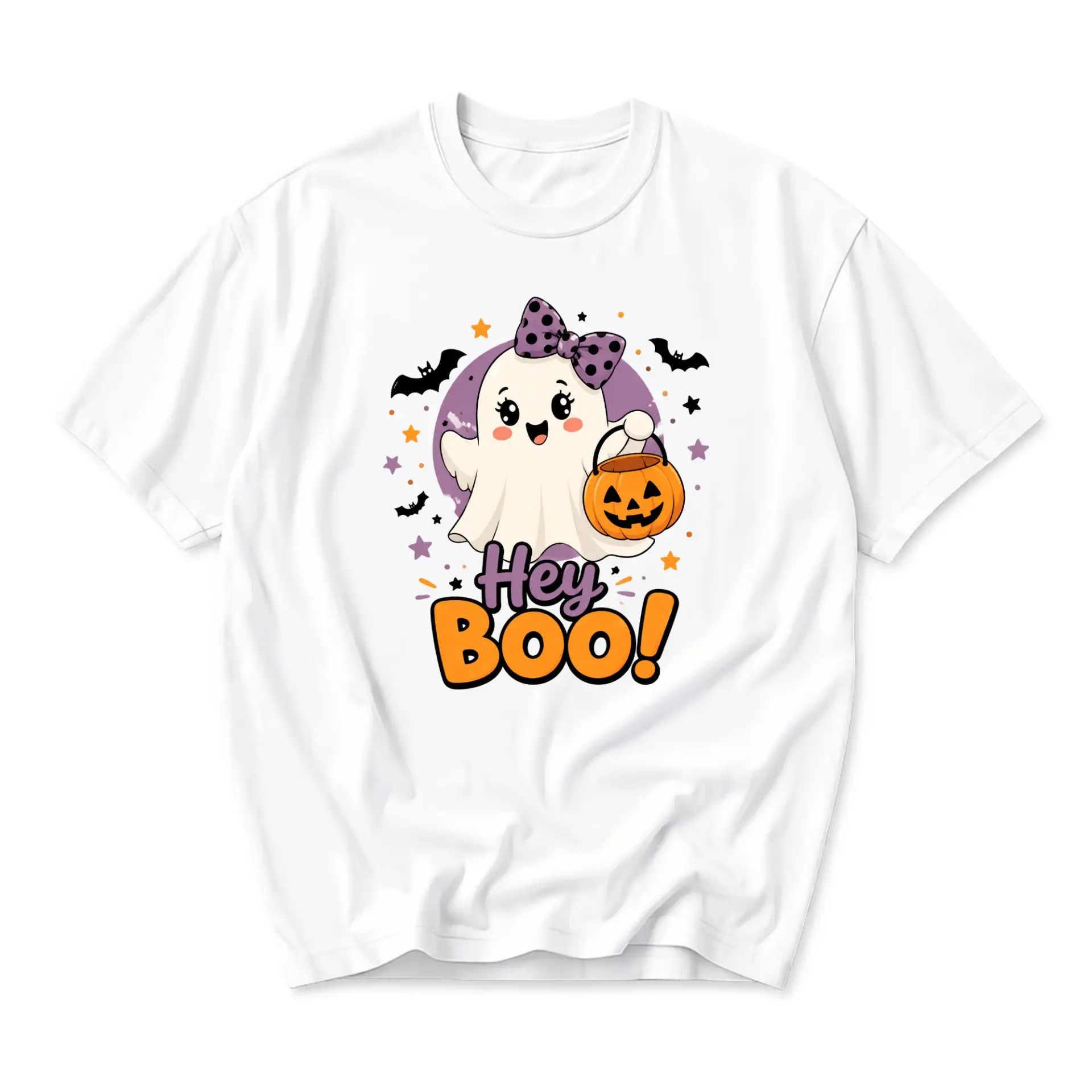 Funny Shirt Hey Boo Ghost Graphic Tee Unisex Crew Neck Short Sleeve Casual Cotton Blend Seasonal Holiday Top White
