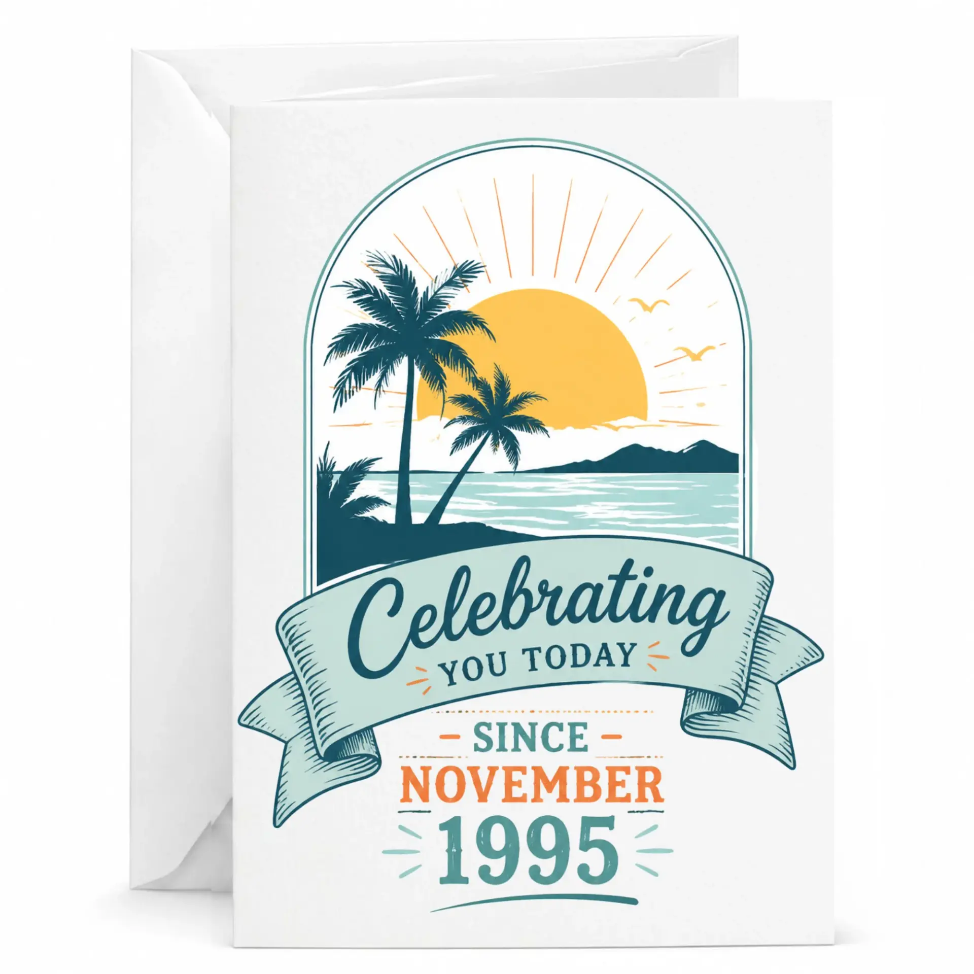 Birthday Greeting Card Celebrating You Today Since November 1995 Vintage Beach Sunset Design for Milestone Anniversary