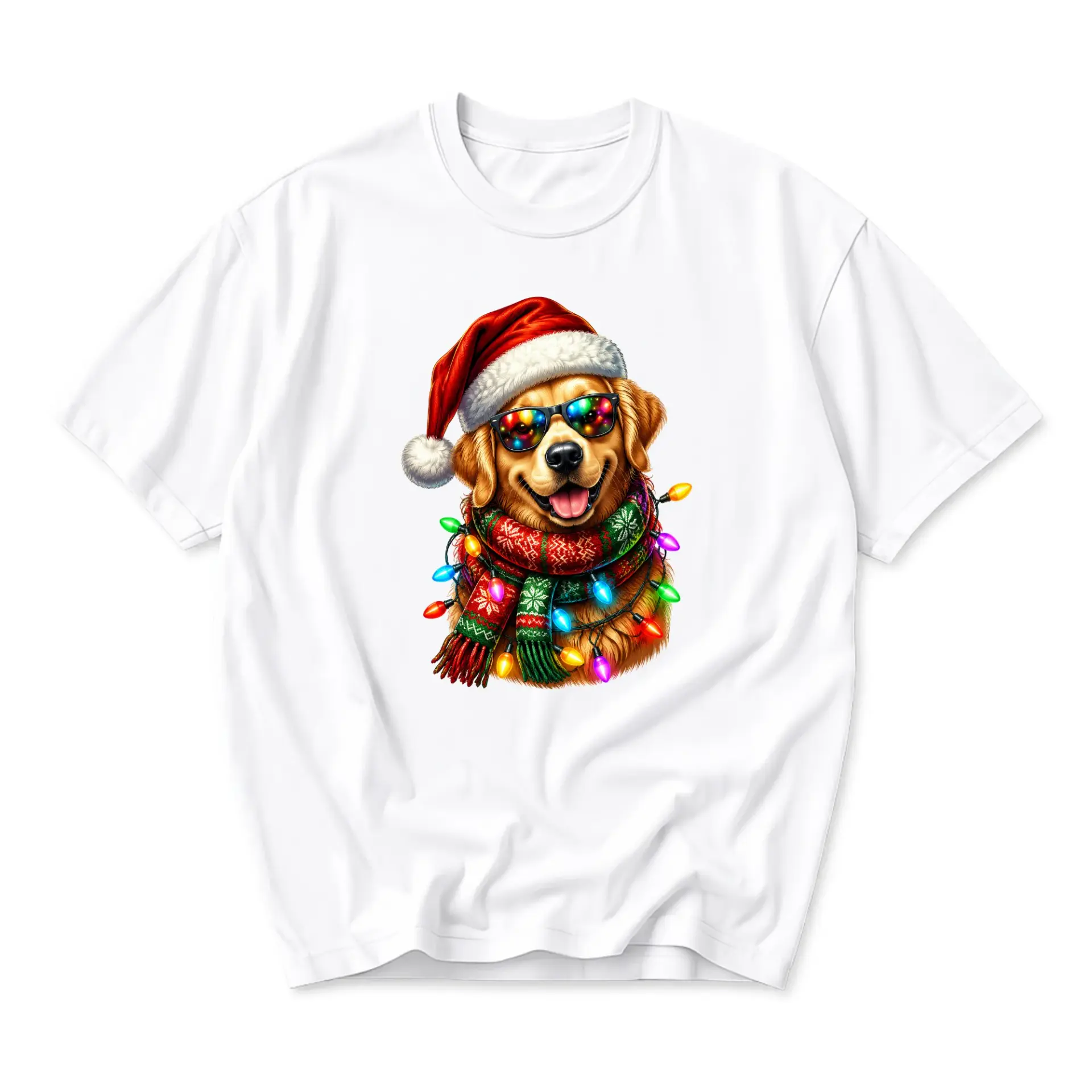 Graphic Tee Christmas Golden Retriever Dog Wearing Santa Hat and Colorful