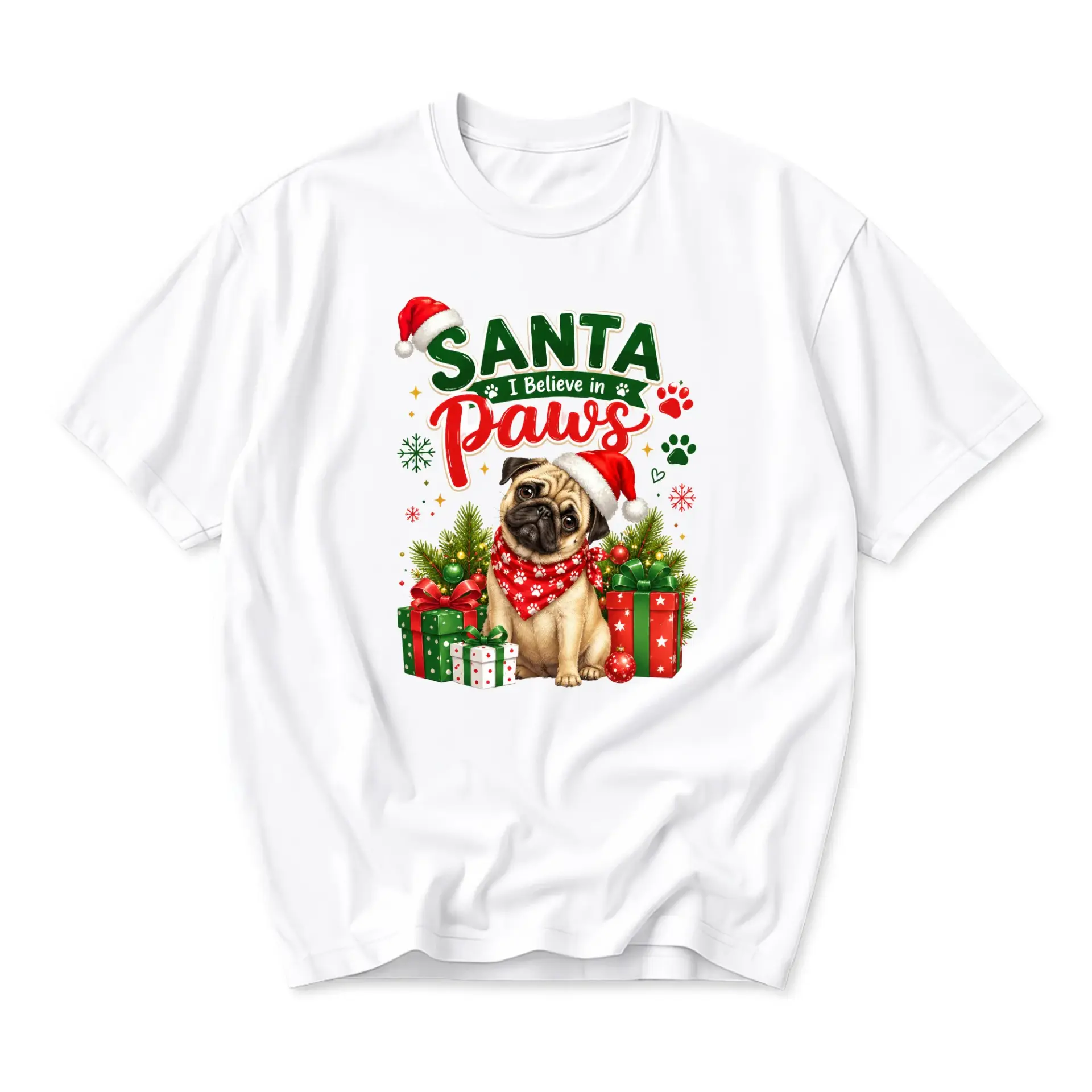 Funny Shirt Santa I Believe in Paws Graphic Tee Holiday Lover Unisex Crew