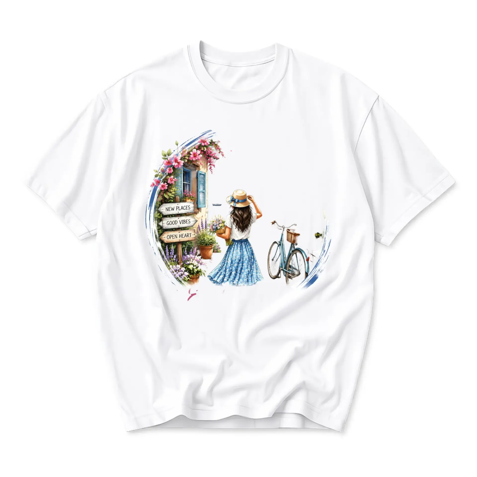 Graphic Tee Unisex Casual Shirt Featuring Bohemian Girl with Bicycle and Floral Garden Artistic Illustration Print
