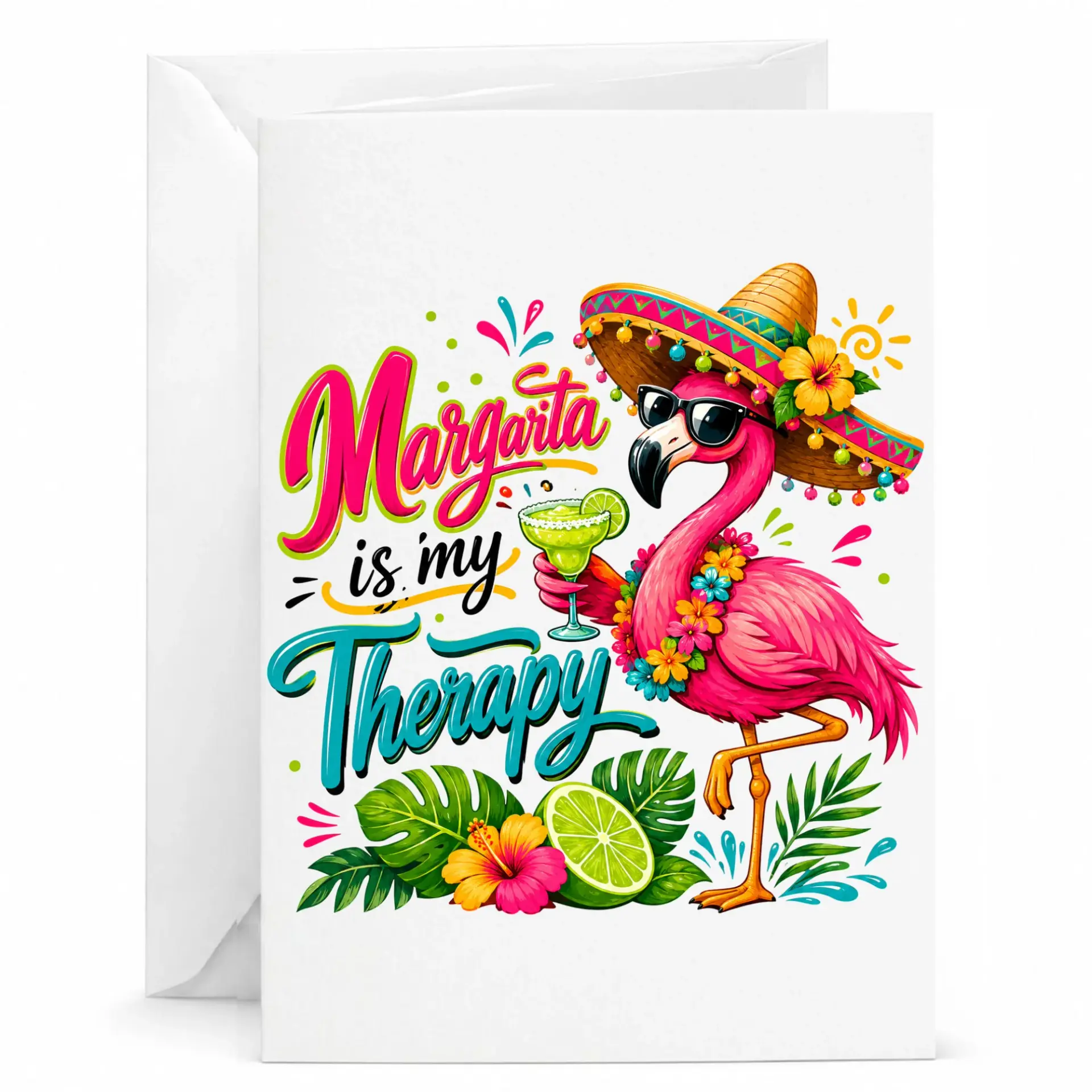 Funny Flamingo Greeting Card Margarita Is My Therapy Tropical Design with Sombrero and Sunglasses for Birthday Fun