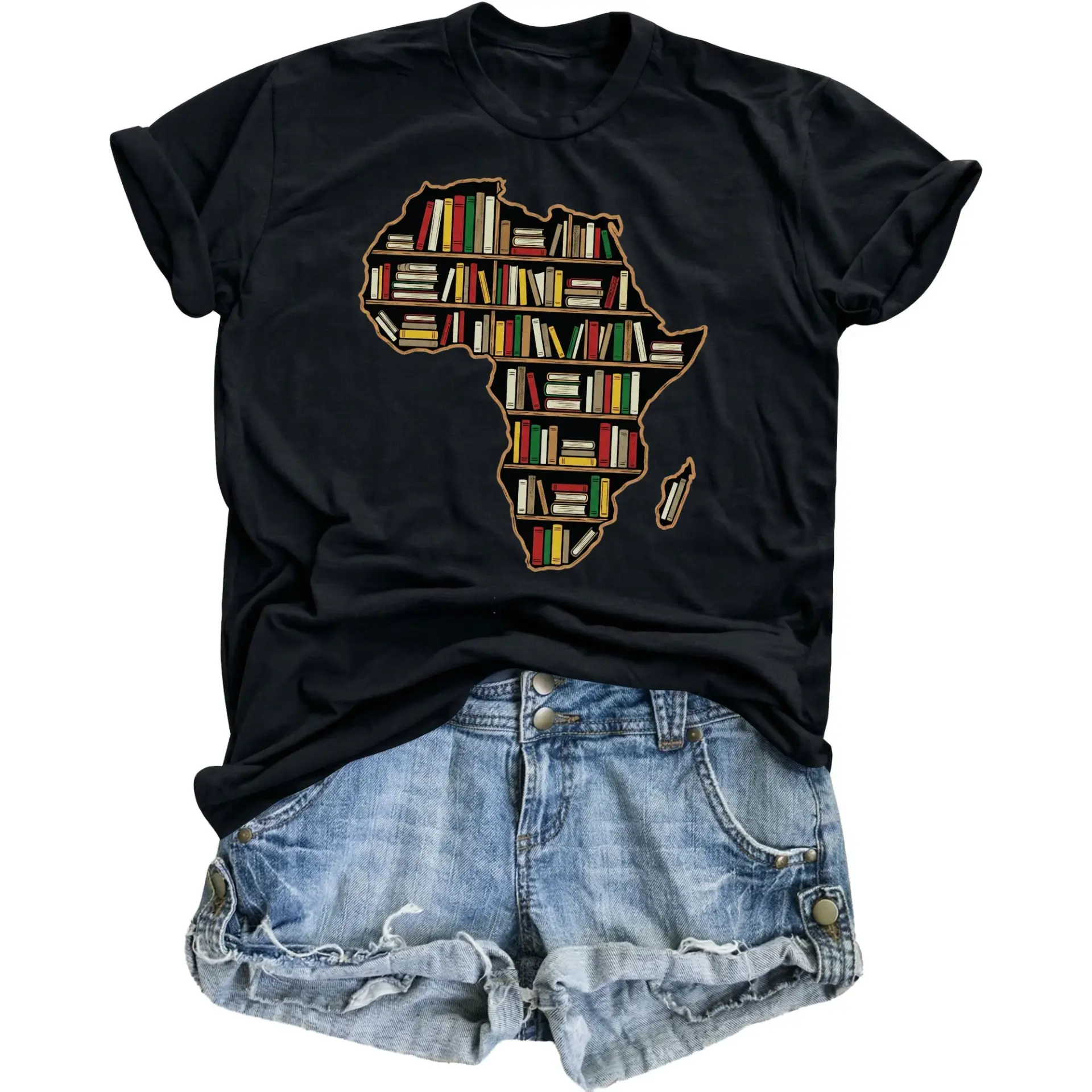 Graphic Tee Africa Map Book Lover Design Unisex Crew Neck Short Sleeve Cotton Blend Casual Everyday Shirt Top