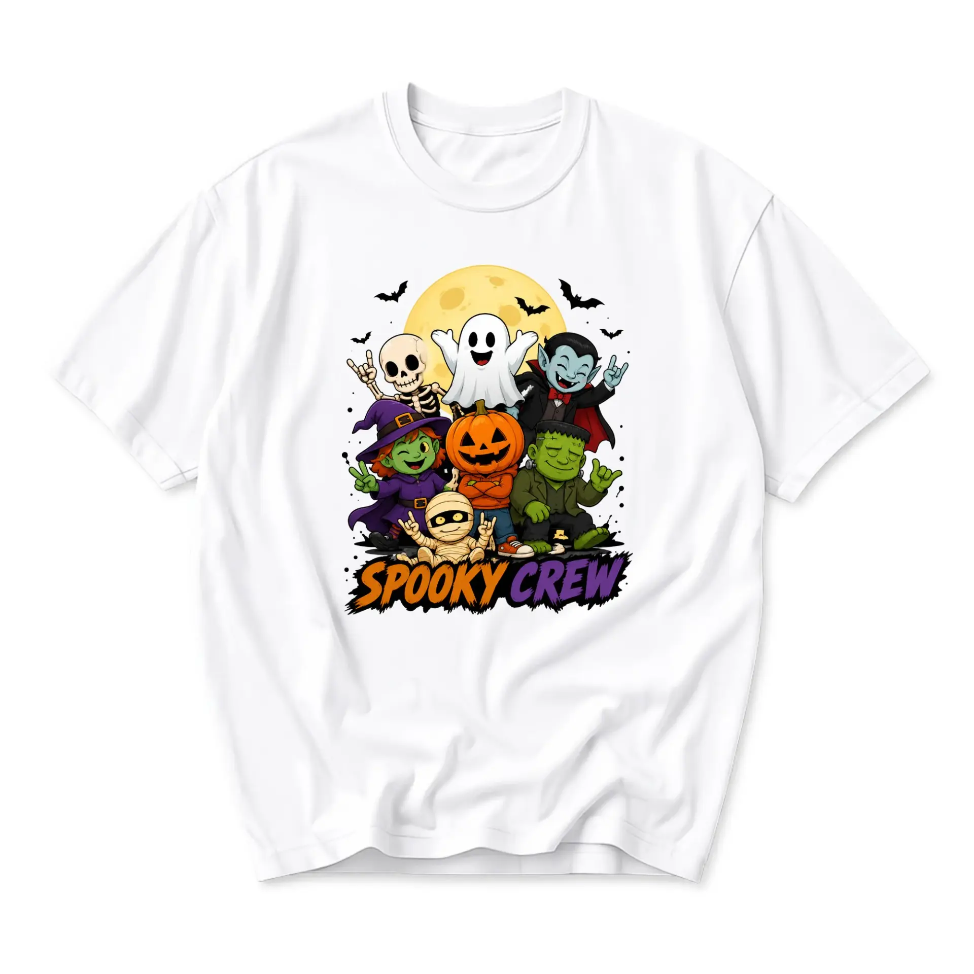 Funny Shirt Spooky Crew Cartoon Halloween Graphic Tee Unisex Casual Apparel for Everyday Seasonal Celebration Outfits