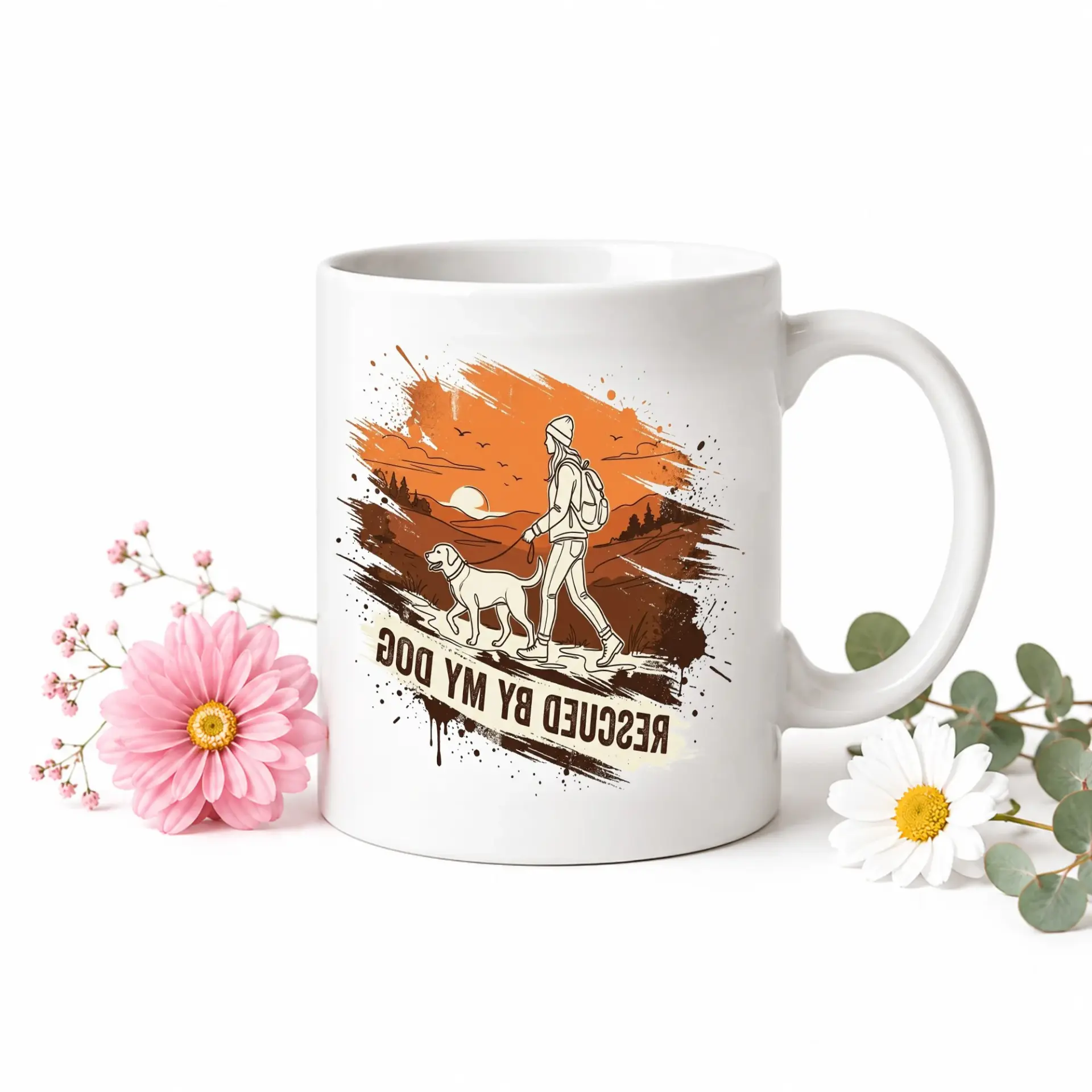 Dog Lover Ceramic Coffee Mug Featuring a Hiking Woman and Her Canine with a Rescued by My Graphic Design