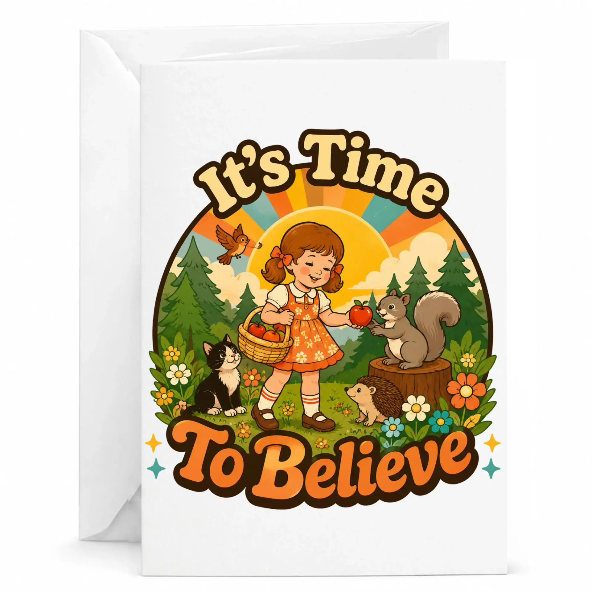 Greeting Card It Is Time to Whimsical Nature Illustration Featuring a Girl with Forest and Vibrant Sun
