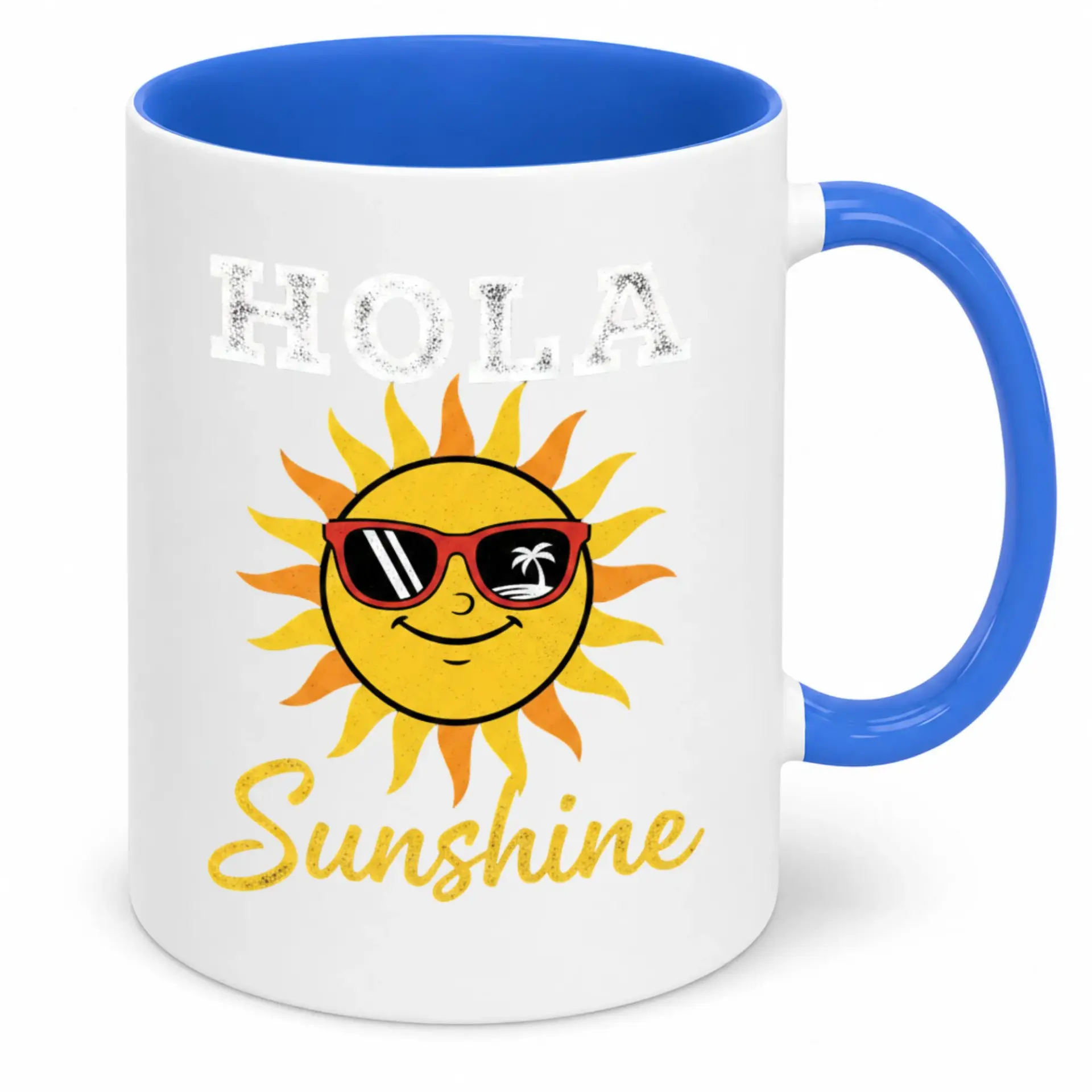 Funny Hola Sunshine Coffee Mug Vacation Themed Ceramic Cup with Blue Handle and Interior 11 Oz Drinkware for Home Office Use