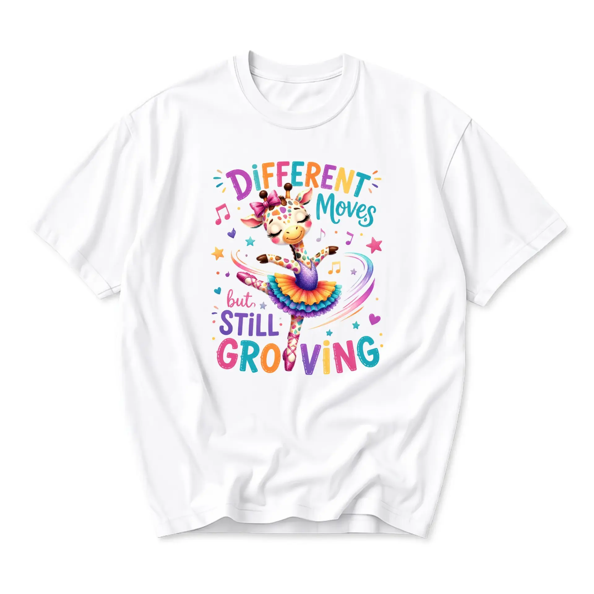 Graphic Tee Different Moves but Still Grooving Cute Dancing Giraffe Illustration Printed Unisex Crew Neck T-Shirt