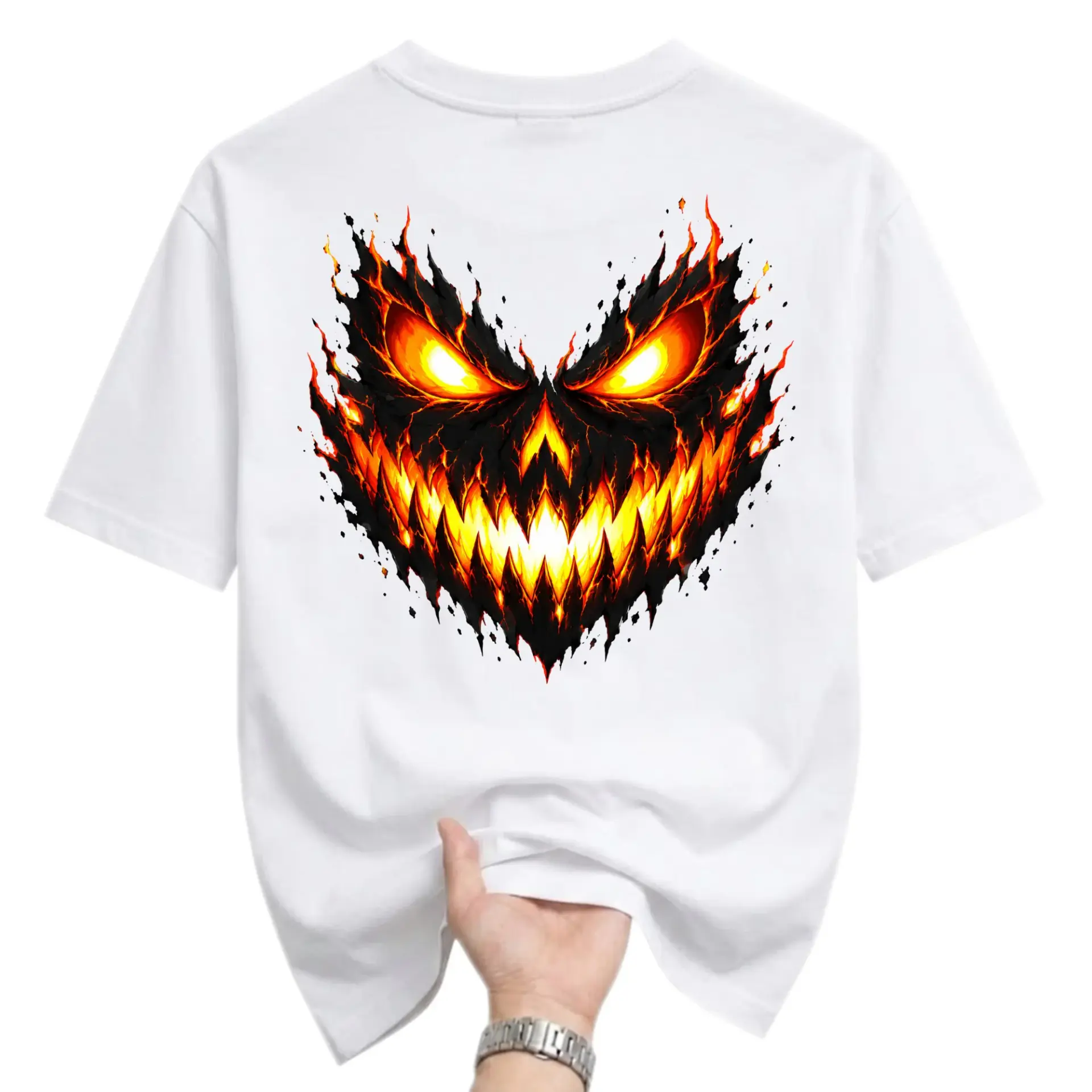 Graphic Tee Unisex Crew Neck Short Sleeve Shirt Featuring Scary Flaming Jack O Lantern Face Print for Seasonal Wear