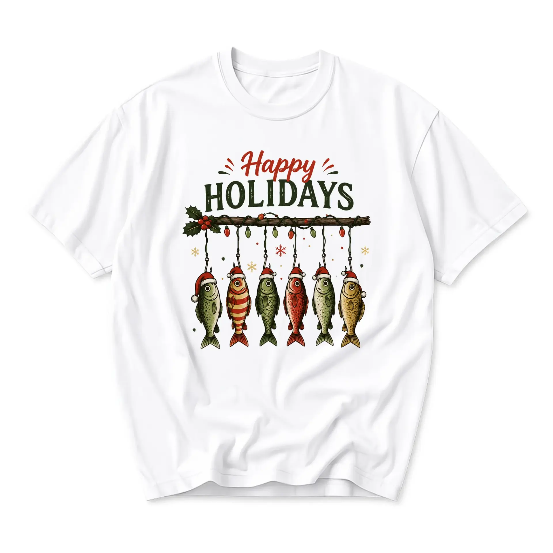 Funny Shirt Happy Holidays Fishing Theme Graphic Tee Seasonal Unisex Crew Neck Short Sleeve Casual Cotton Apparel