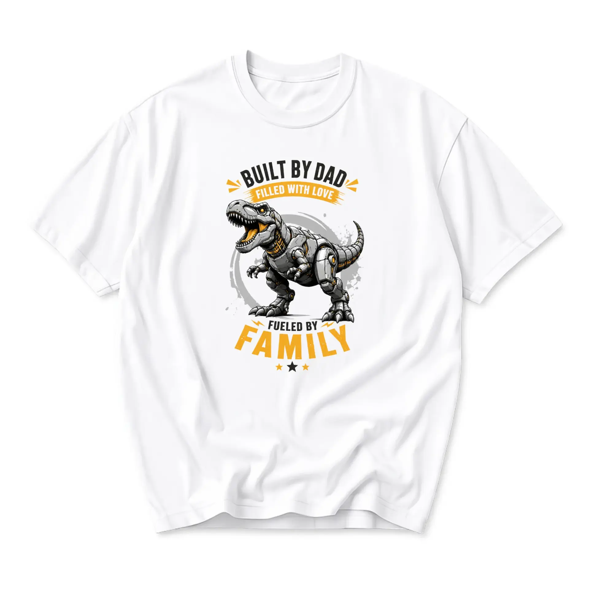 Funny Shirt Built by Dad Graphic Tee Unisex Casual Crew Neck Top Featuring Mechanical Dinosaur Illustration White