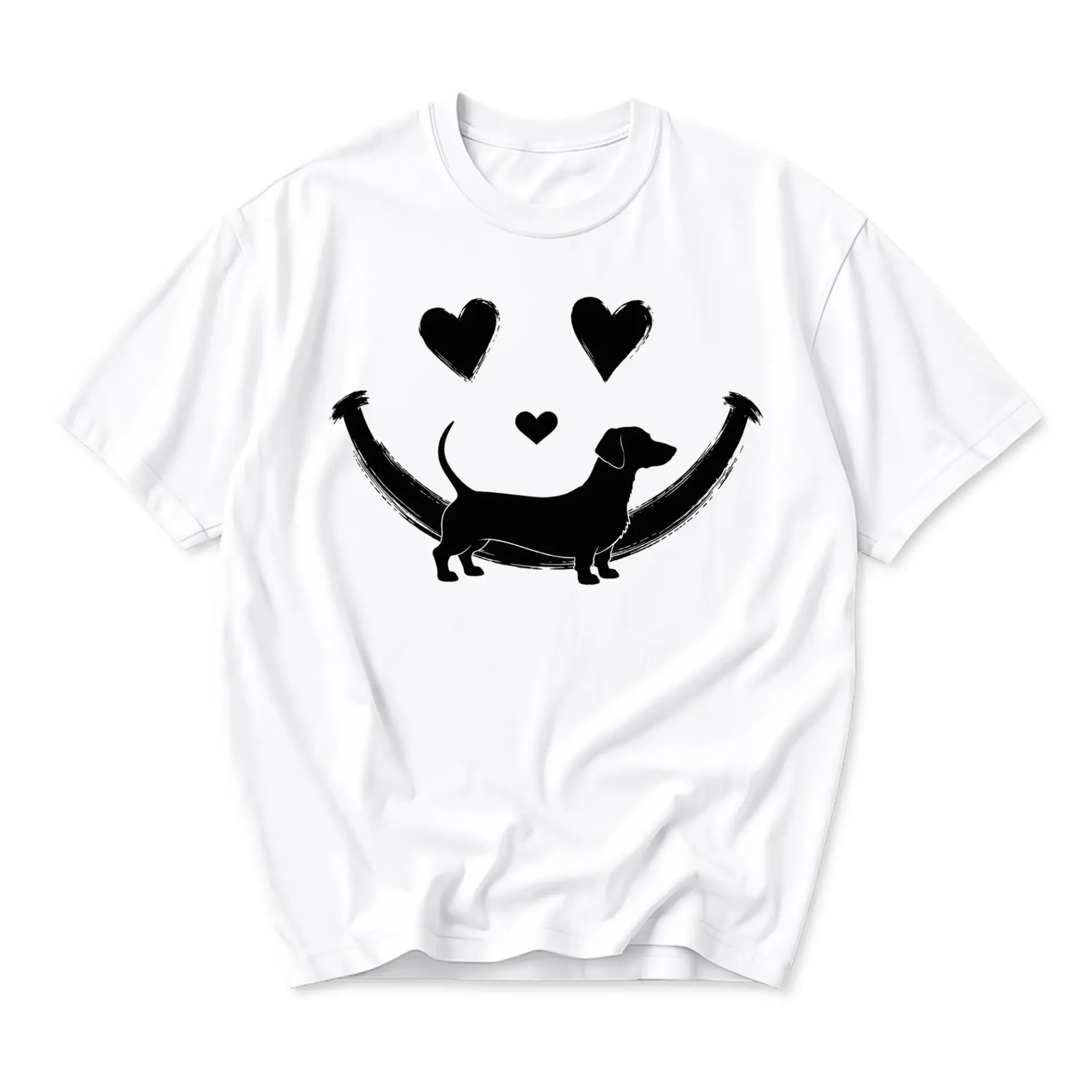 Graphic Tee Unisex Crew Neck T-Shirt Featuring a Dachshund Dog Silhouette and Heart Shaped Smiley Face Design