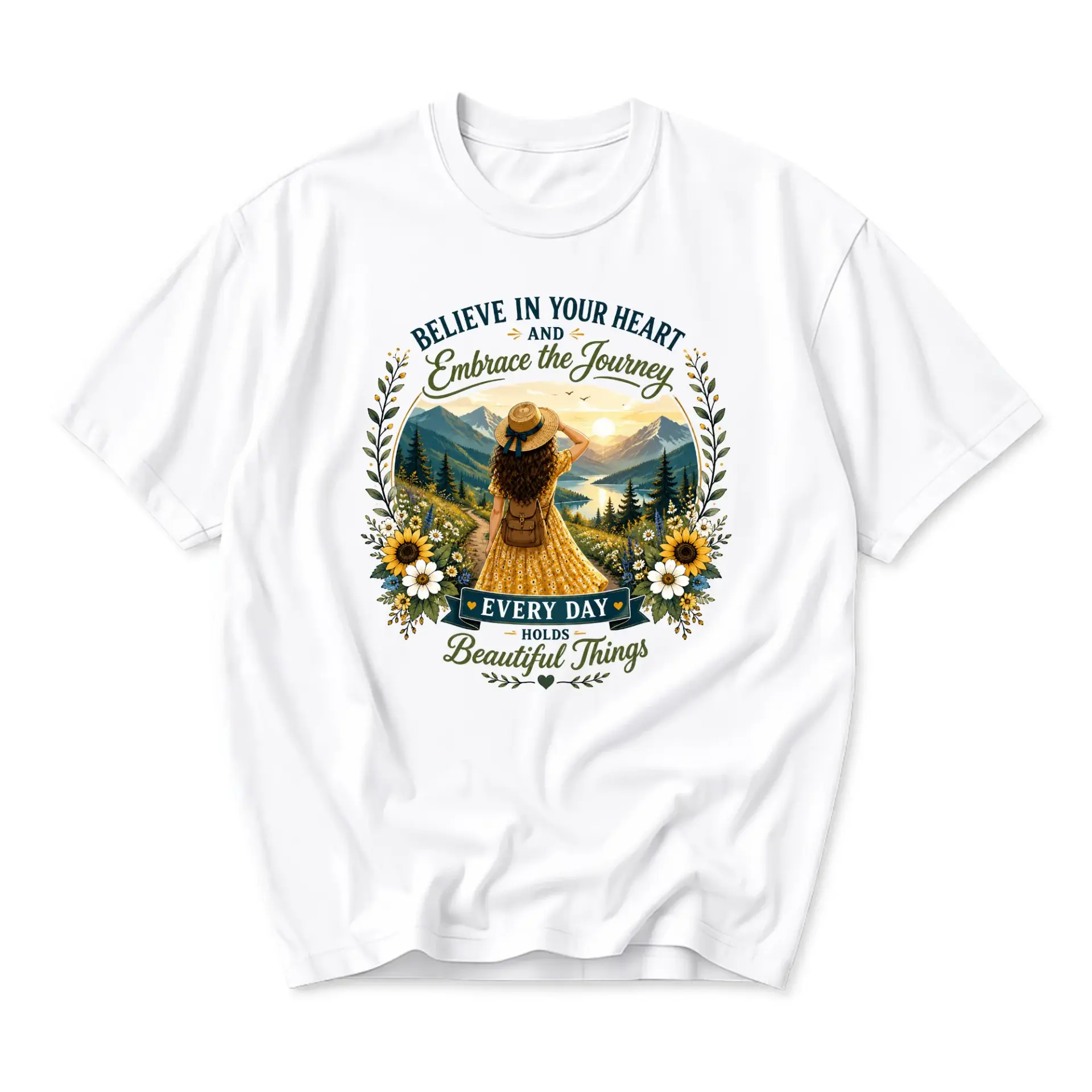 Graphic Tee Believe in Your Heart Embrace the Journey Inspirational Nature Sunflower Print Casual Unisex Shirt