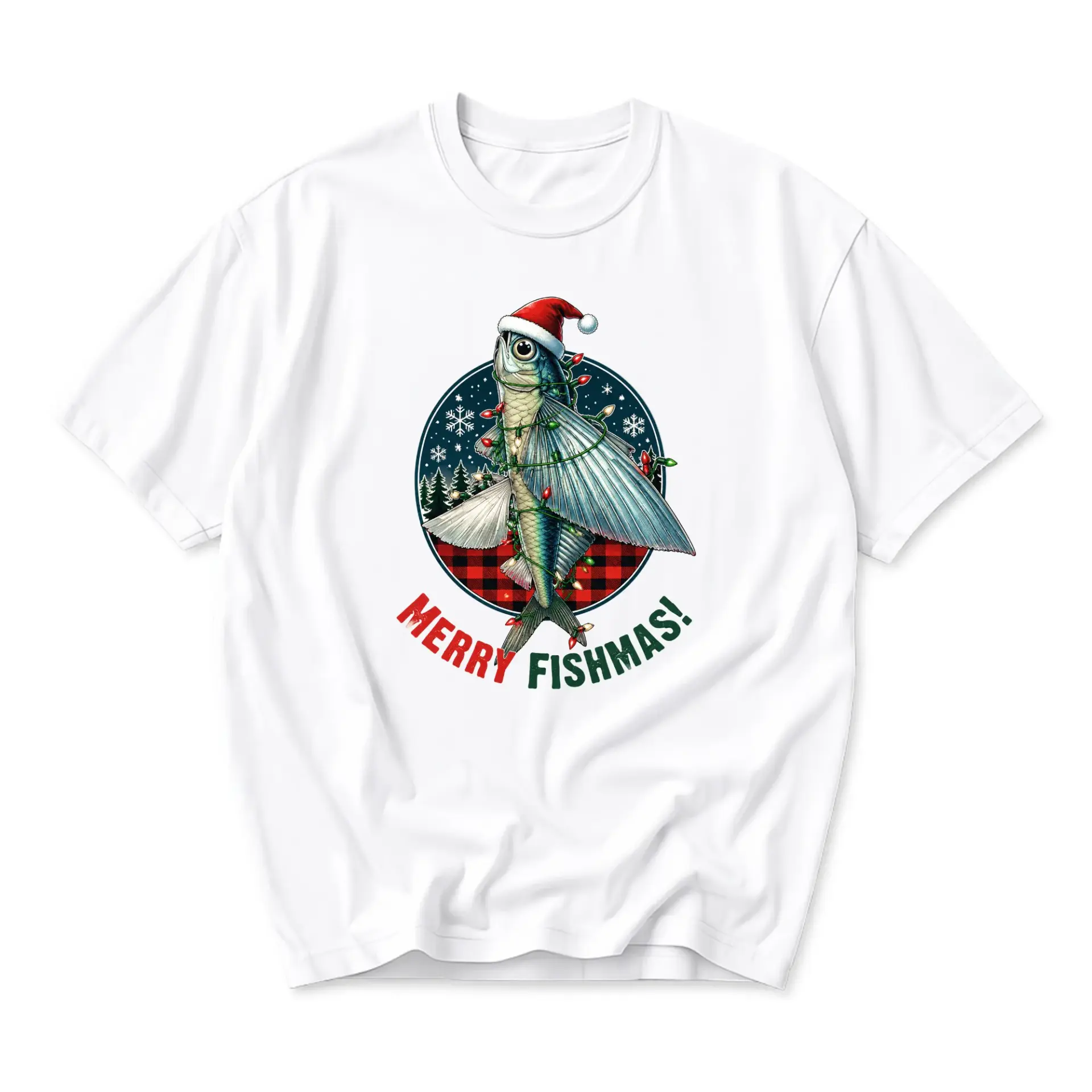 Funny Shirt Merry Fishmas Flying Fish Christmas Graphic Tee Holiday Season Apparel for Casual Everyday Wear