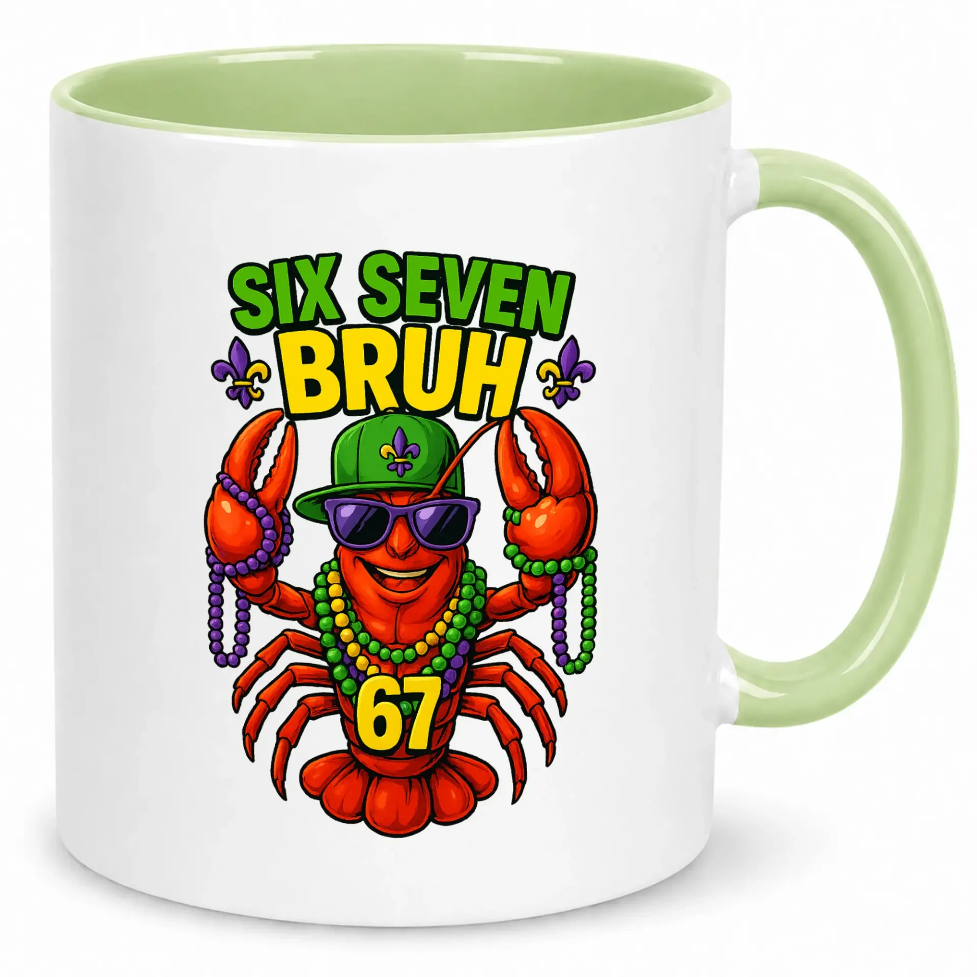 Funny Mardi Gras Lobster Ceramic Coffee Mug with Six Seven Bruh 67 Design, Green Rim and Handle, 11oz or 15oz Beverage Cup