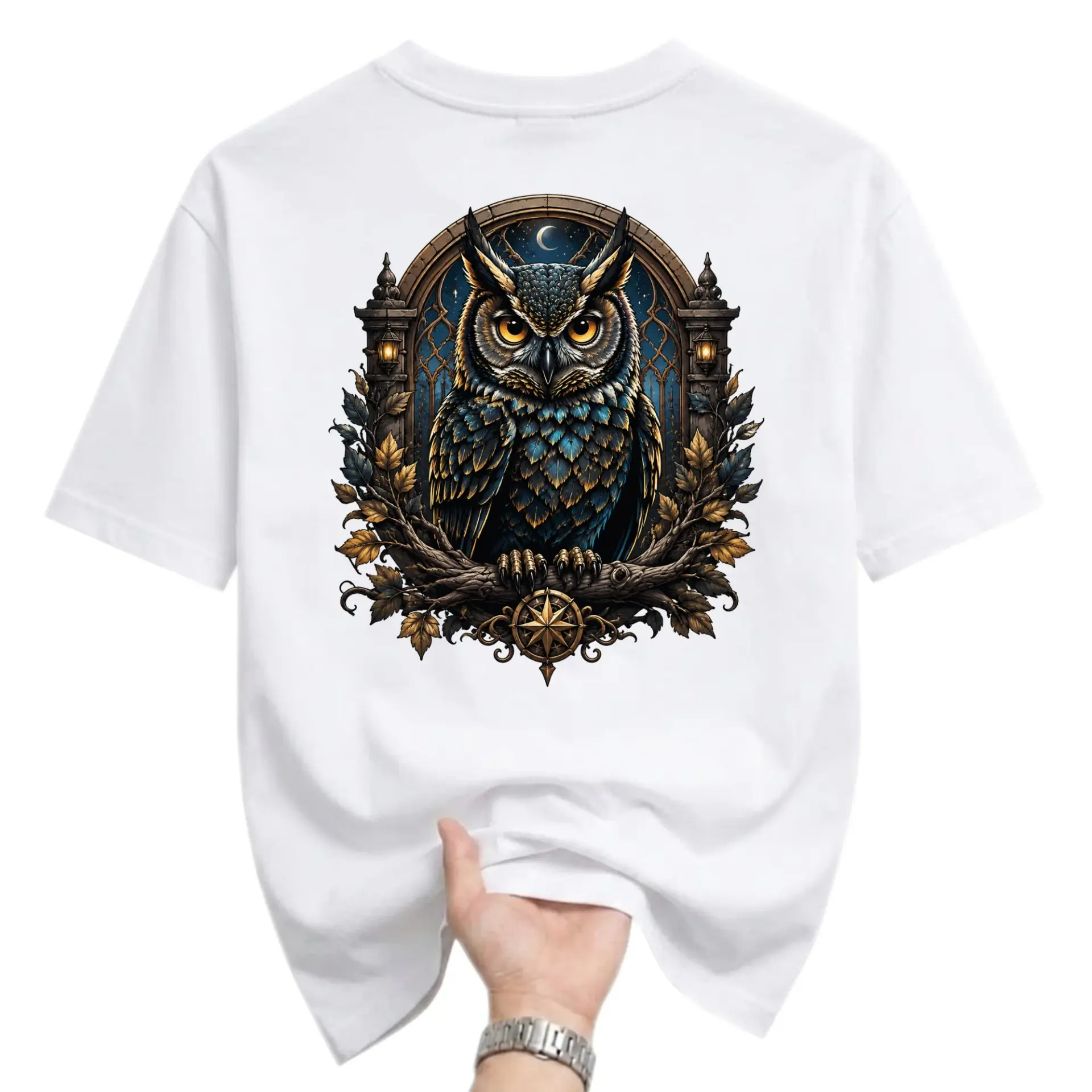 Graphic Tee Featuring a Regal Wise Owl in an Ornate Gothic Frame Unisex Crew Neck Casual Everyday Cotton Shirt