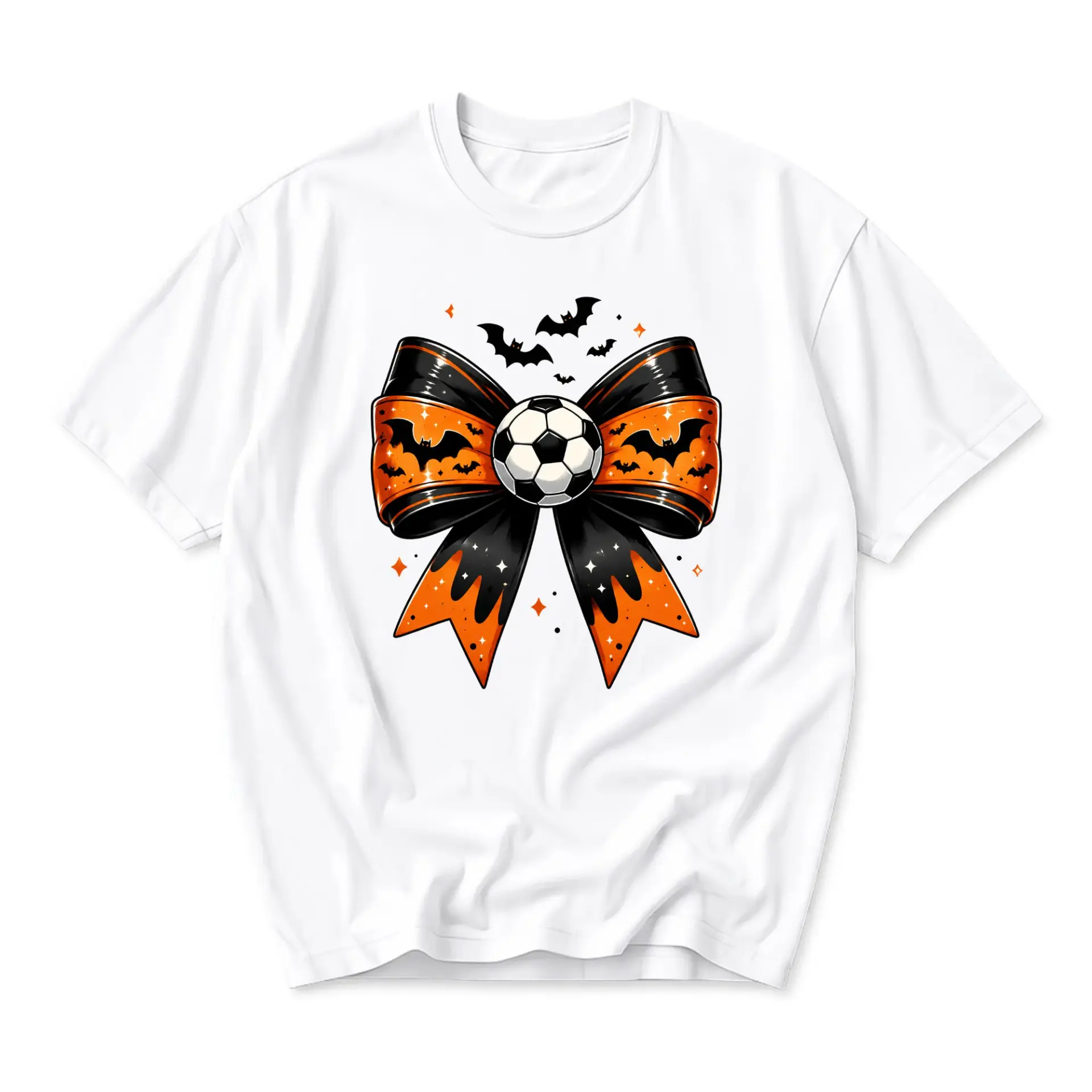 Graphic Tee Soccer Ball Halloween Bow Print Unisex Short Sleeve Casual Crew Neck Shirt for Autumn Holiday Sport Fans