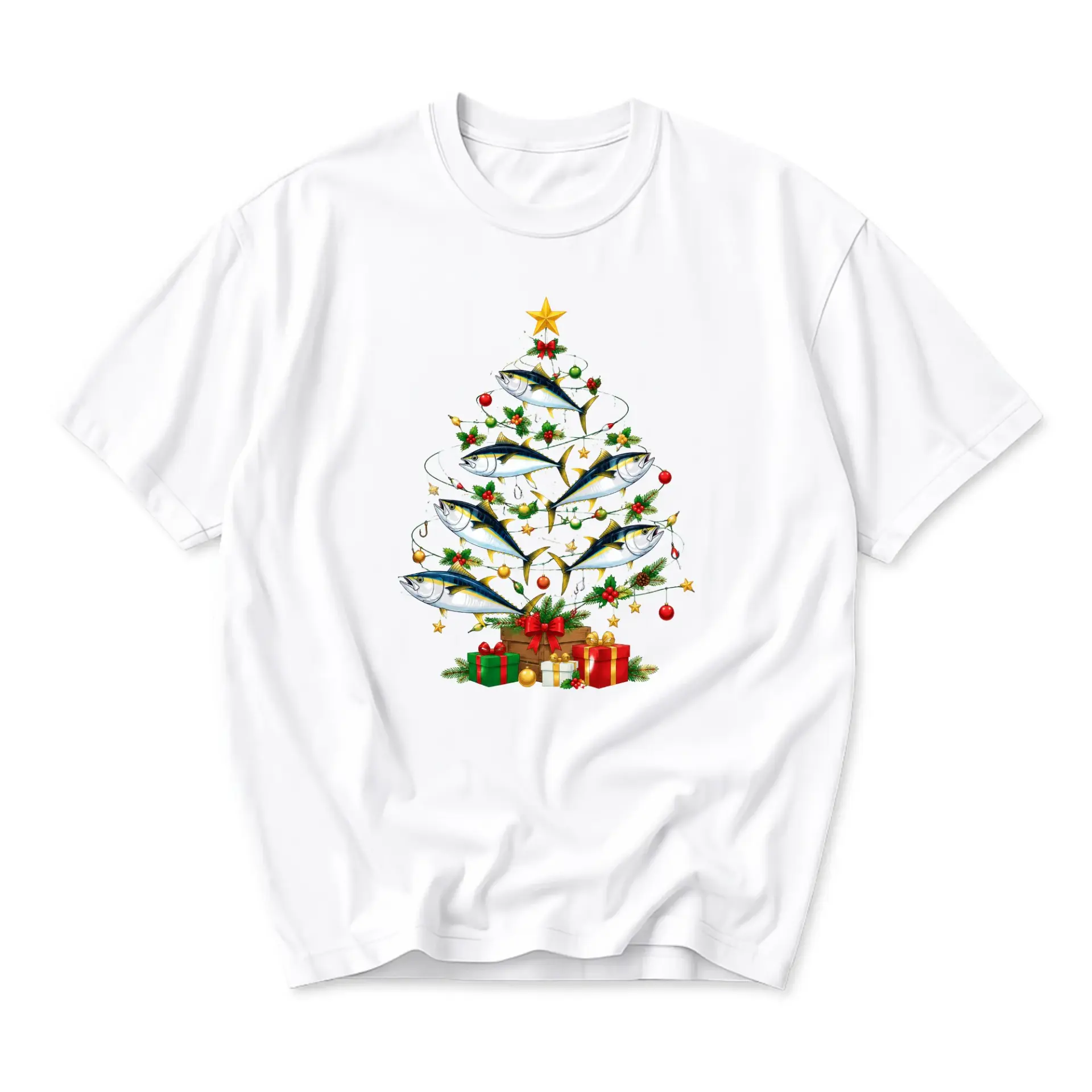 Funny Shirt Christmas Tree Made of Fish Graphic Tee for Holiday Season Casual Wear Unisex Crew Neck Top