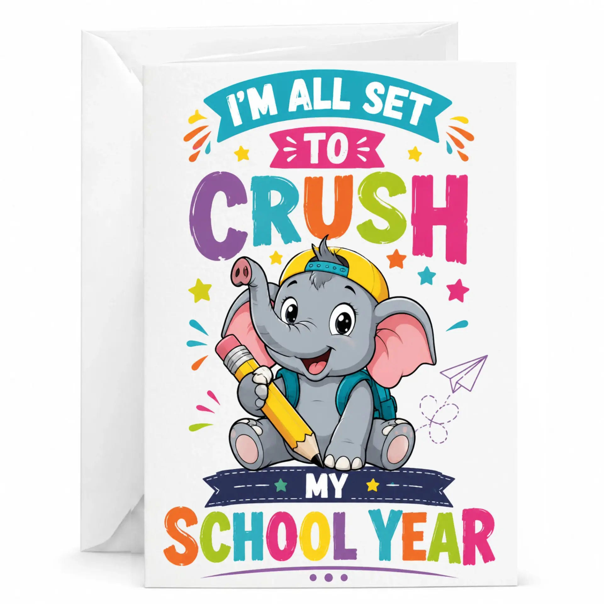 Funny Encouragement Greeting Card Elephant Holding Pencil Design for Motivation and Academic Achievement