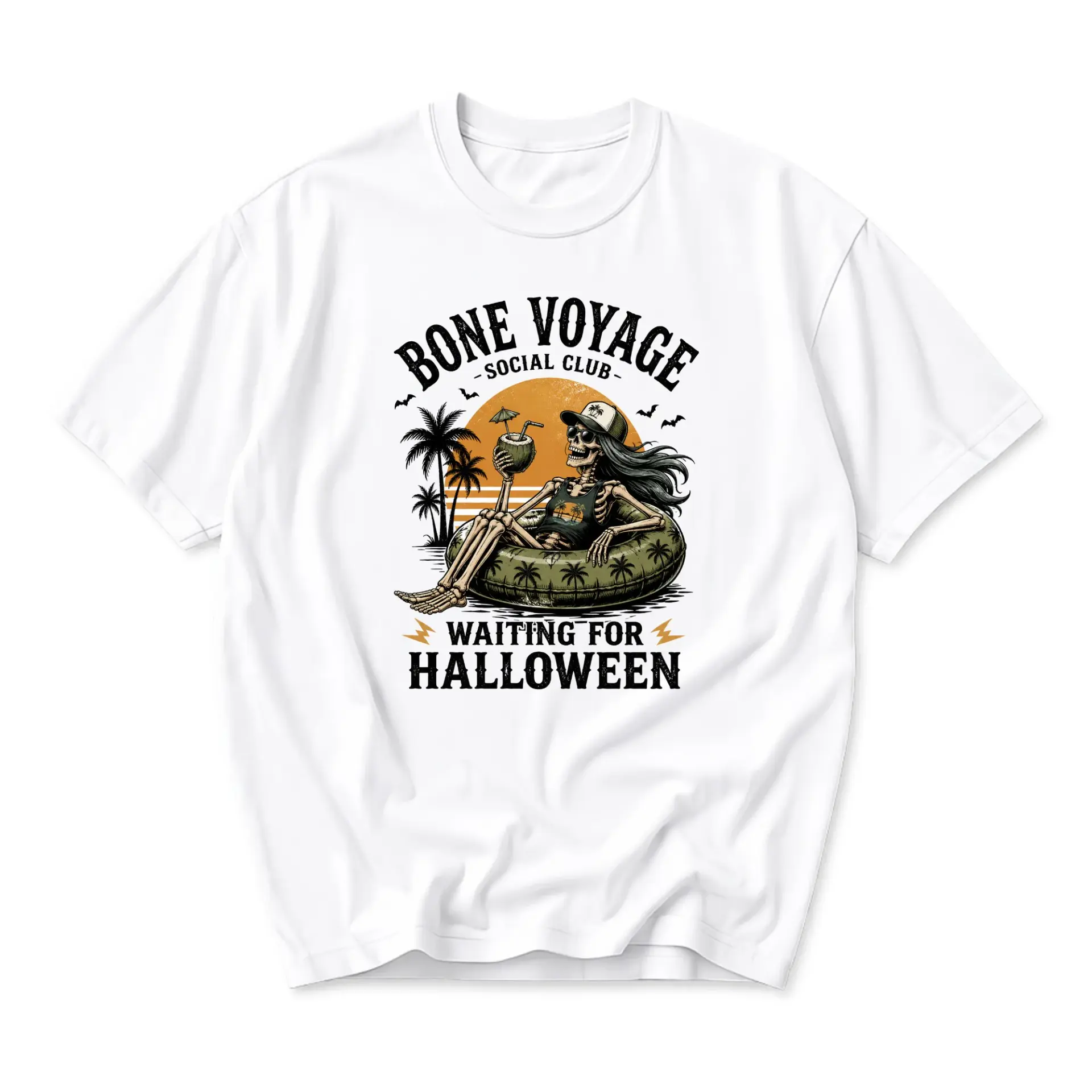 Funny Shirt Bone Voyage Social Club Graphic Tee Featuring Relaxed Skeleton Tropical Beach Vacation Apparel Unisex