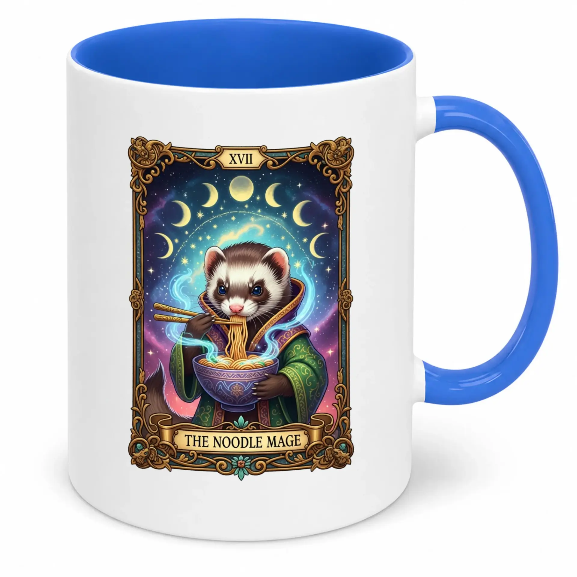 Funny Ceramic Coffee Mug with Whimsical Ferret Noodle Mage Tarot Card Design, Unique Fantasy Animal Lover Beverage Cup Gift Idea