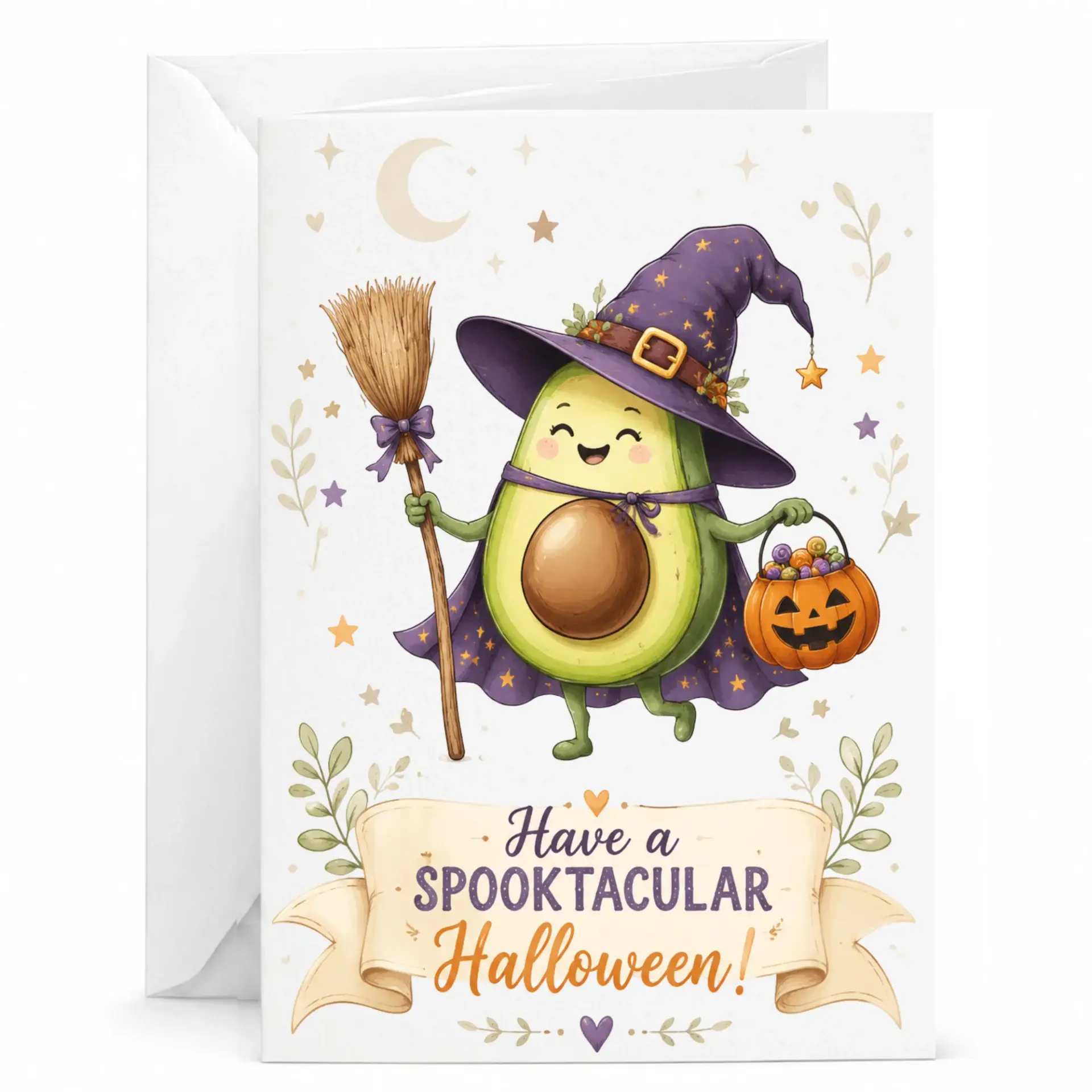 Funny Avocado Halloween Greeting Card Spooktacular Witch Holiday with Matching Envelope for Friends
