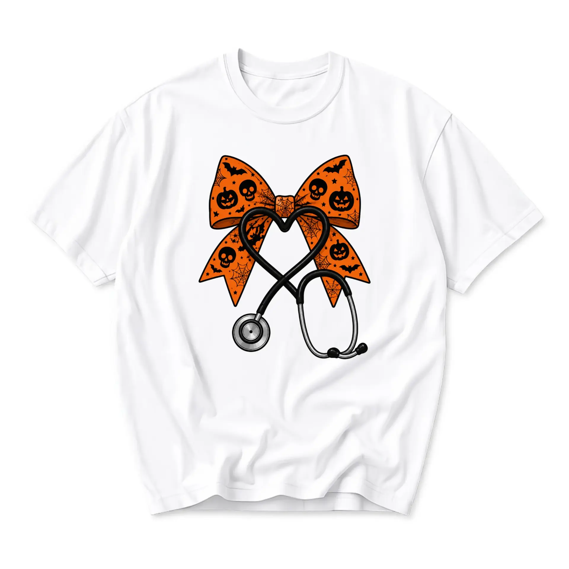 Graphic Tee Unisex Halloween Bow Stethoscope Heart Print Short Sleeve Crew Neck Cotton Blend Everyday Casual Shirt