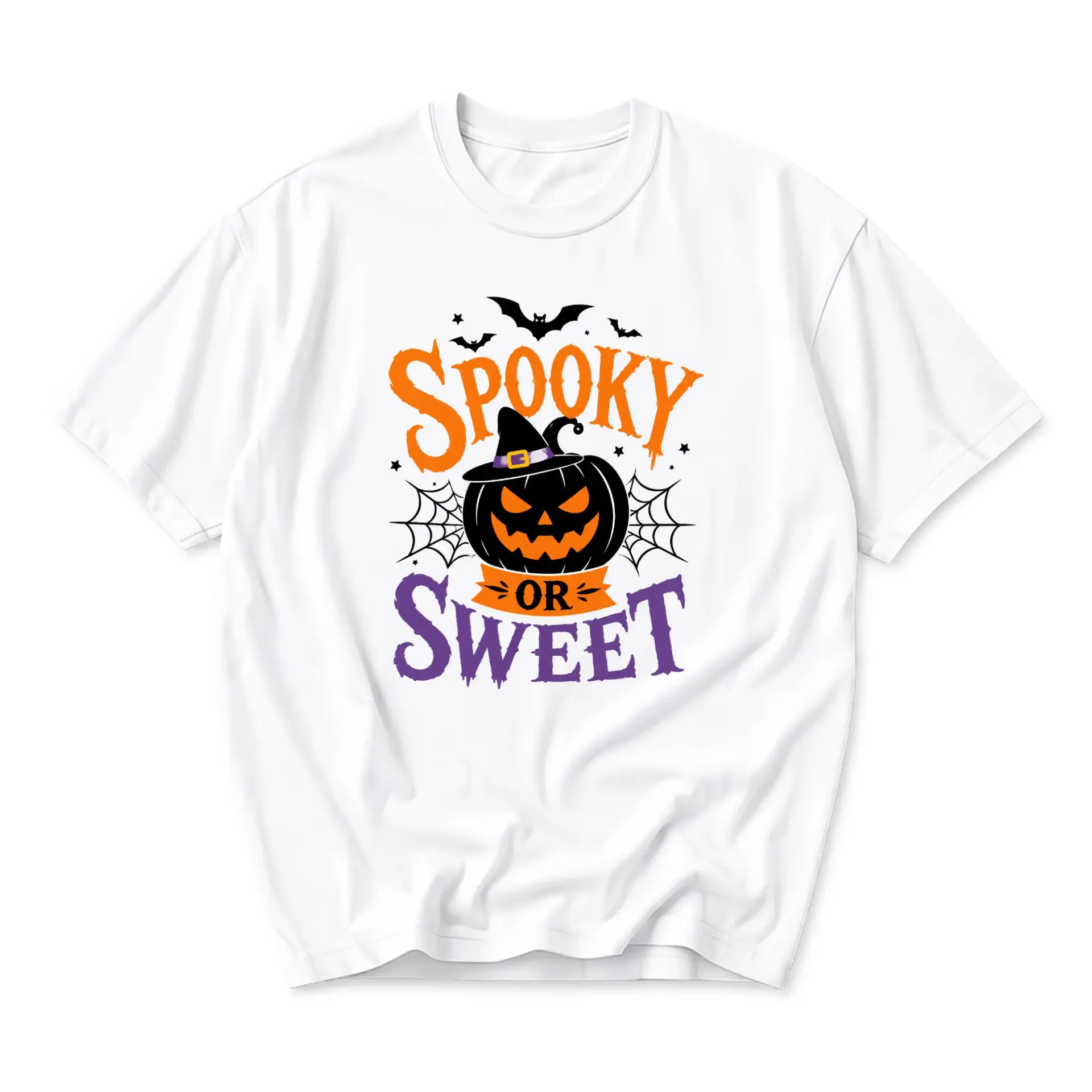 Funny Shirt Spooky or Sweet Halloween Pumpkin Graphic Tee Unisex Crew Neck Casual Everyday Wear Soft Cotton Top