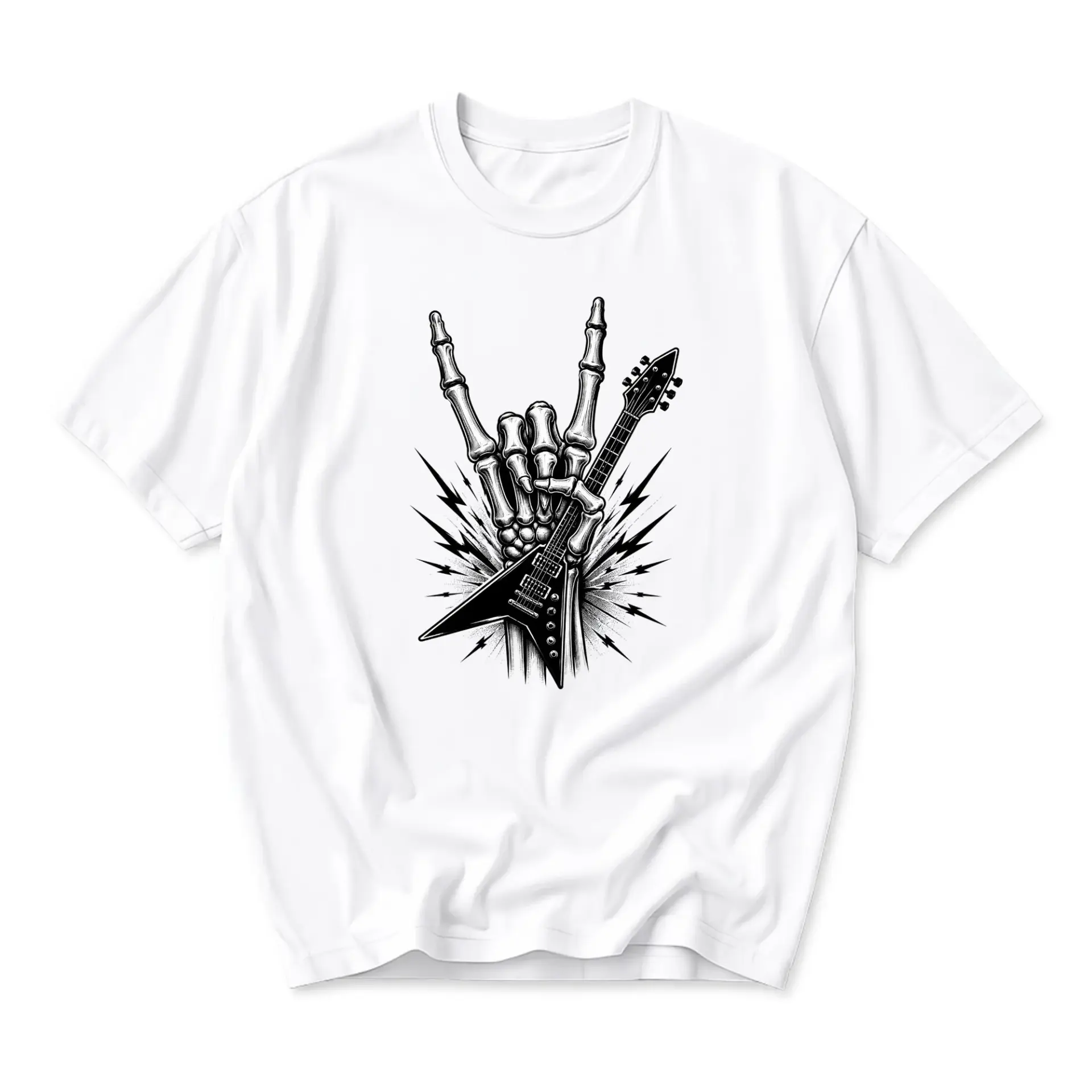 Graphic Tee Unisex Skeleton Hand Playing Electric Guitar Music Lover T-Shirt Casual Short Sleeve Apparel Top