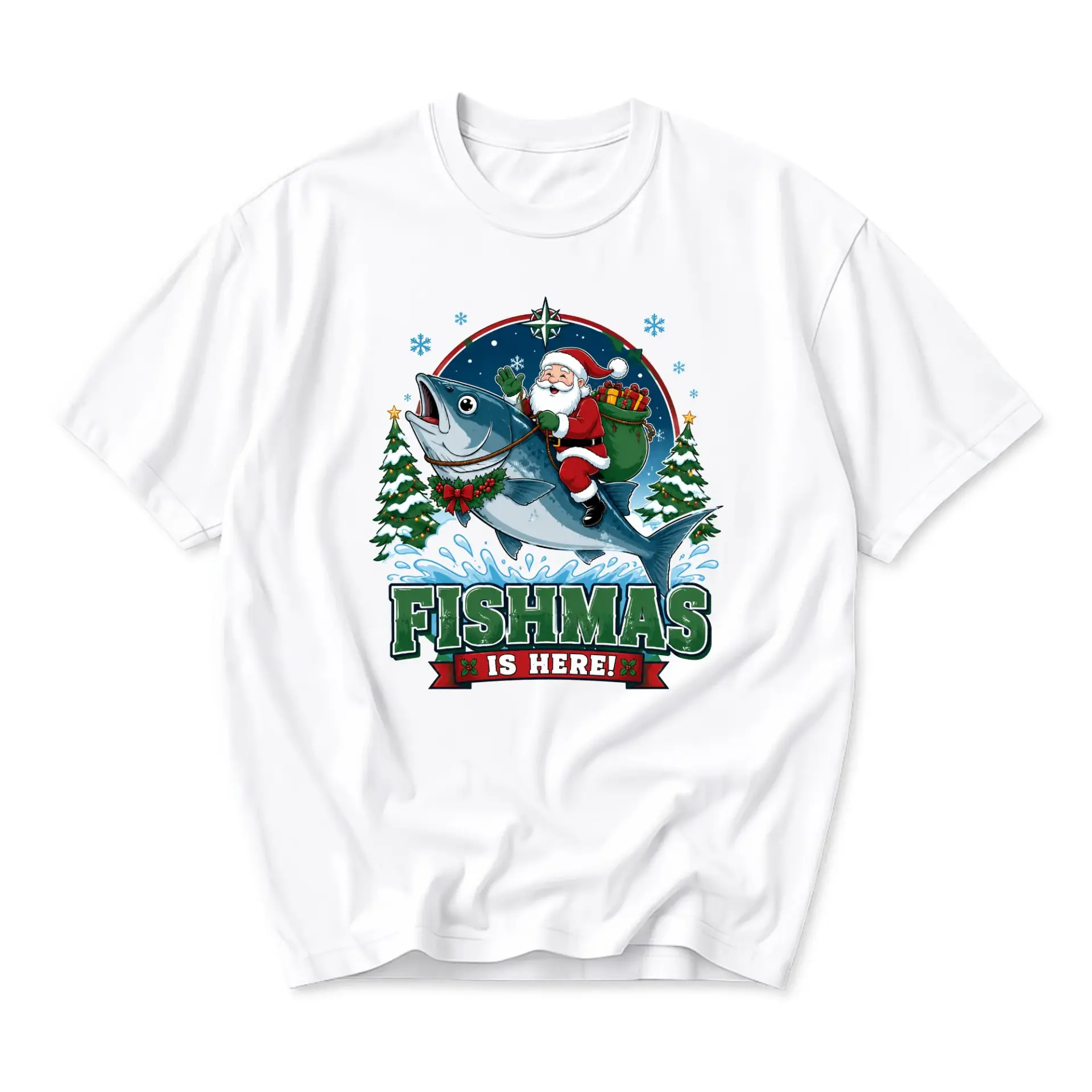 Funny Shirt Fishmas Is Here Graphic Tee Holiday Santa Claus Fishing Unisex Crew Neck Short Sleeve Casual Cotton Top