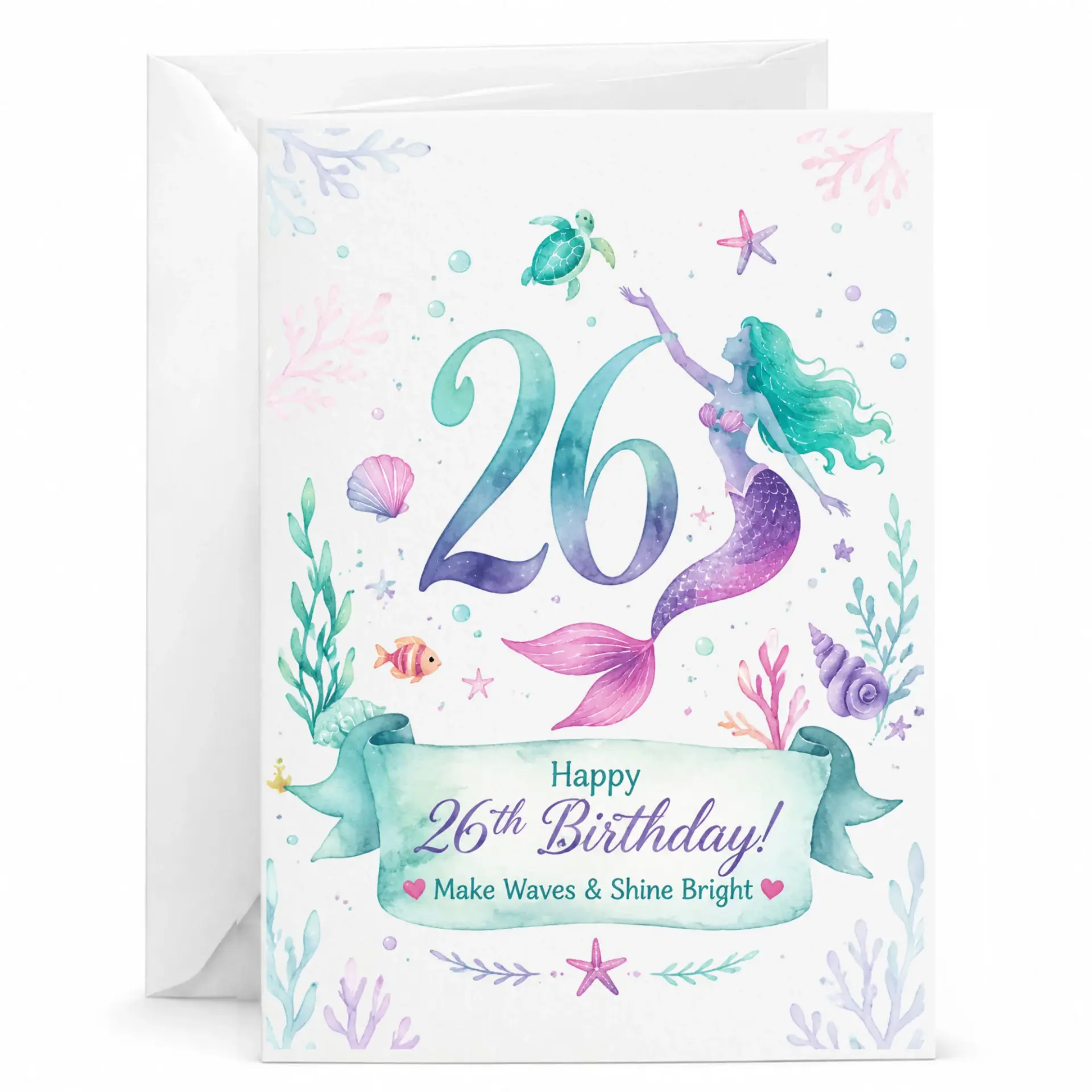 Greeting Card 26th Birthday Card Underwater Mermaid Theme with Sea Life Illustration for Special Celebrations and Events
