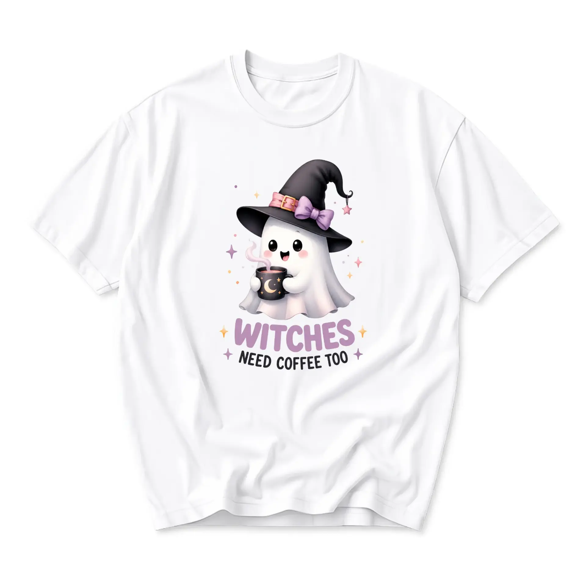 Funny Shirt Witches Need Coffee Too Graphic Tee Cute Ghost Drinking Coffee Design Unisex Casual Crew Neck T-Shirt