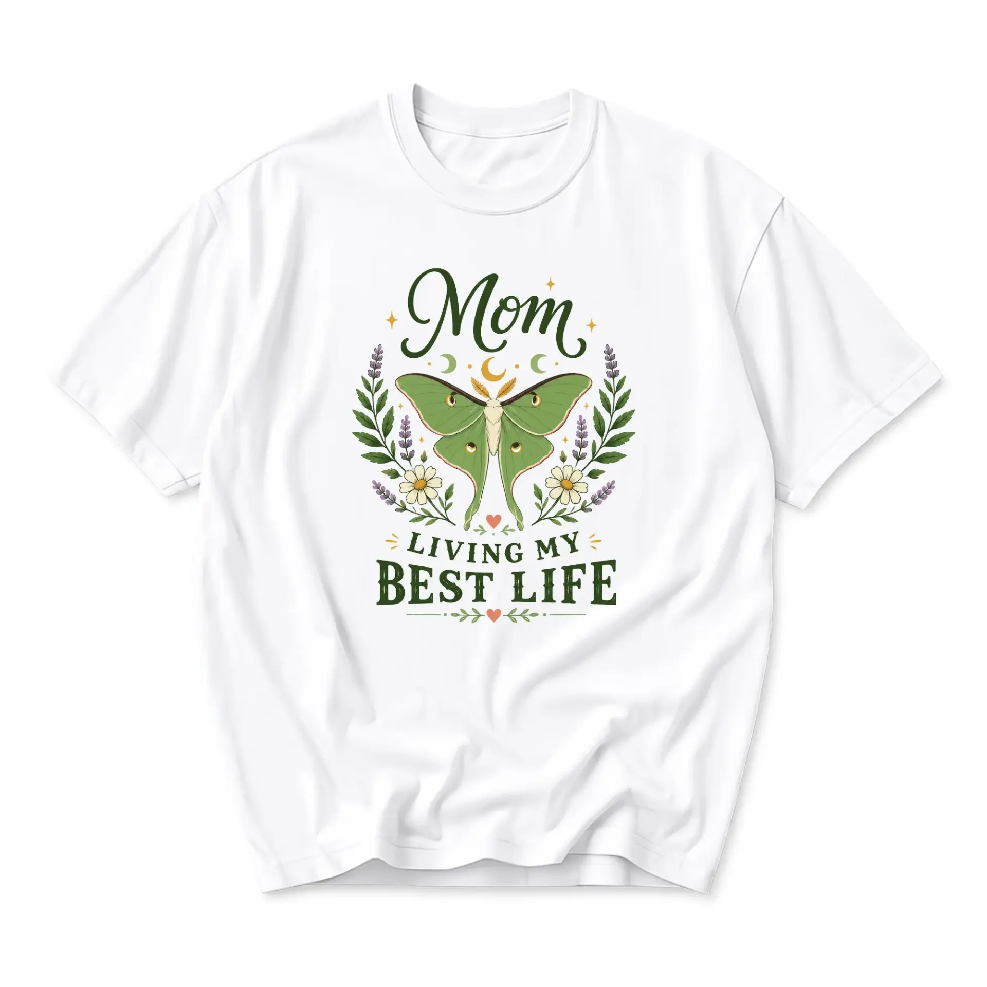 Graphic Tee Mom Living My Best Life Botanical Moth Illustration Unisex Cotton Blend Short Sleeve Crew Neck Casual Shirt