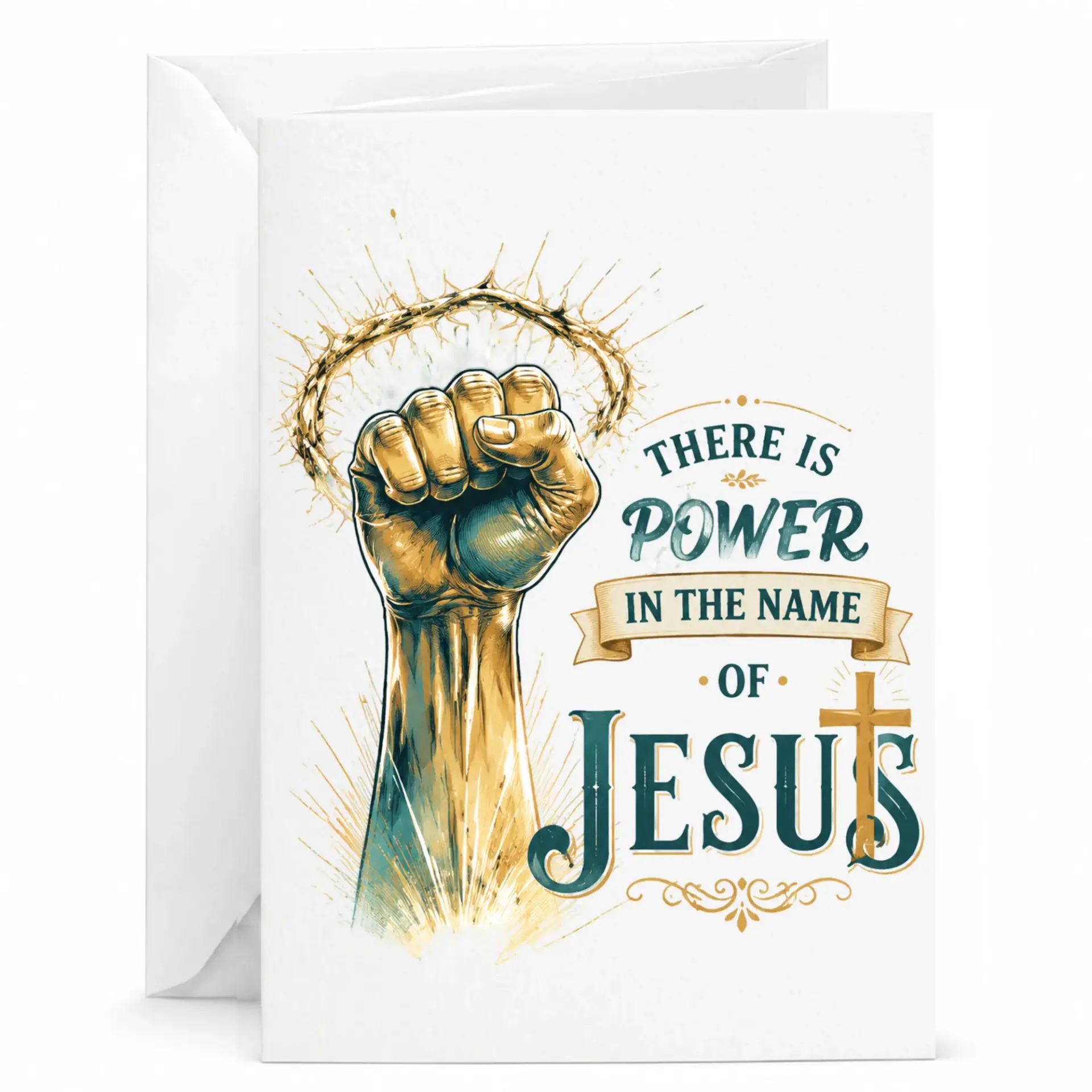 Greeting Card Inspirational Religious Art Featuring Uplifted Fist and Crown of Thorns Design for Spiritual Messages