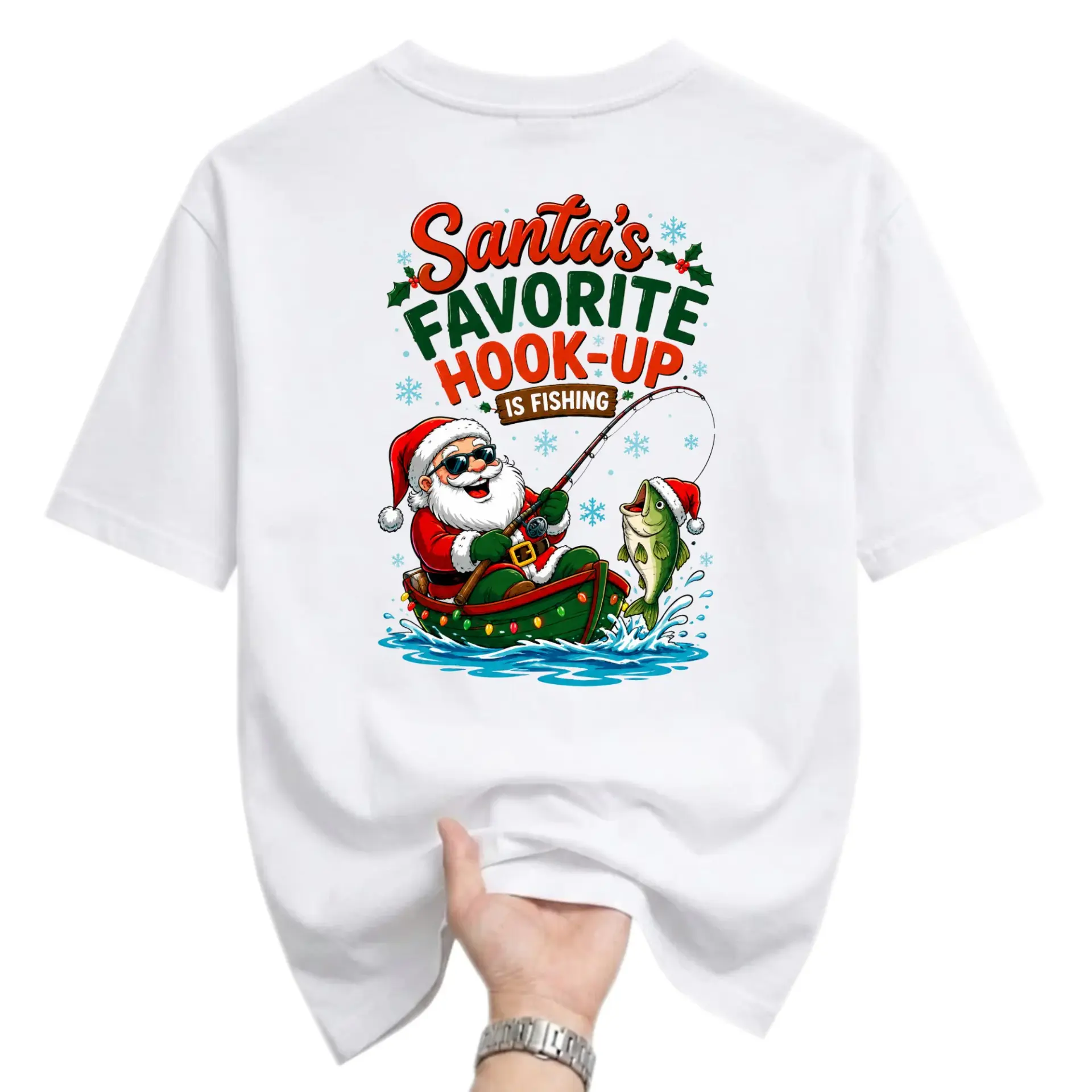 Funny Shirt Santa's Favorite Hook-Up Is Fishing Graphic Tee Unisex Casual Short Sleeve Crew Neck Holiday Top