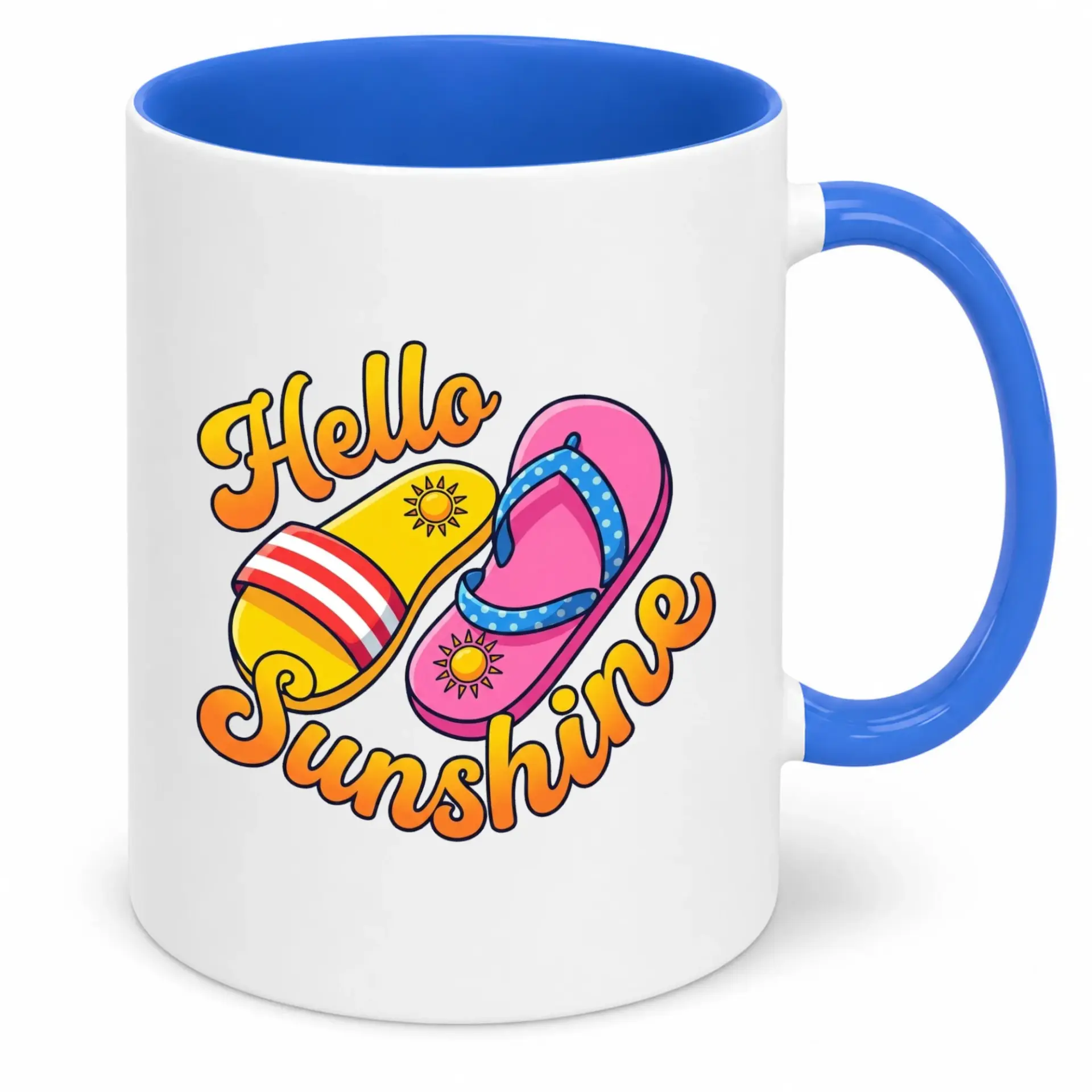 Coffee Mug Hello Sunshine Flip Flops Summer Beachy Vibes Ceramic Drinkware for Hot and Cold Beverages Blue Handle White Mug Gift