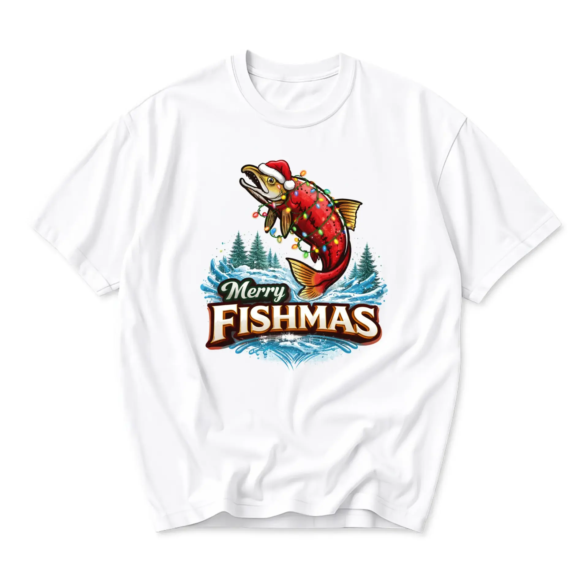 Funny Shirt Merry Fishmas Holiday Graphic Tee Featuring a Festive Salmon Wearing a Santa Hat for Casual Everyday Wear