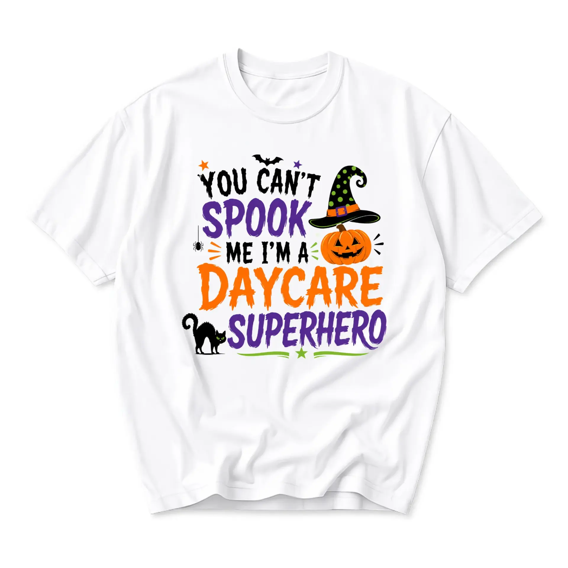 Funny Shirt You Cant Spook Me Im a Daycare Superhero Halloween Graphic Tee Unisex Crew Neck Comfortable Apparel