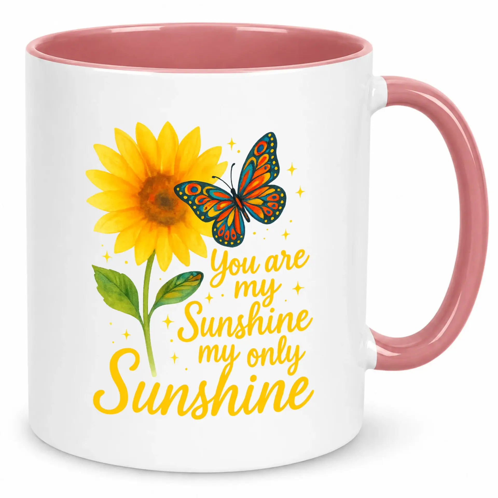 Inspirational Ceramic Coffee Mug with Sunflower Butterfly Design, "you Are My Sunshine" Quote, Pink Handle and Interior, Ideal Gift for Loved Ones
