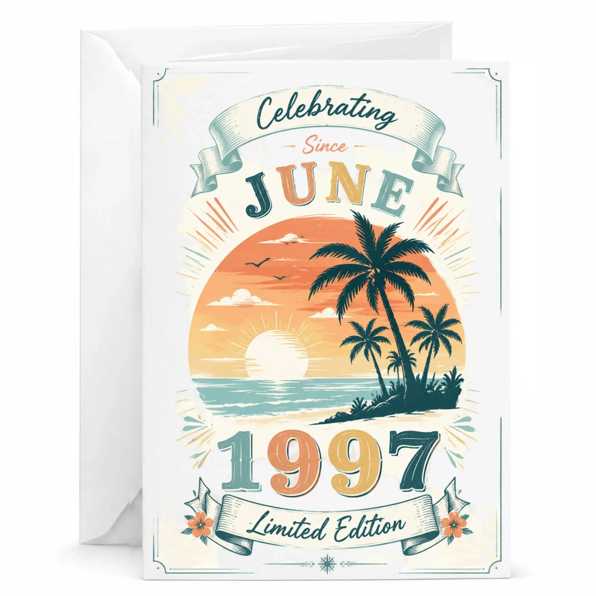 Birthday Card Celebrating Since June 1997 Limited Edition Vintage Tropical Sunset Theme Greeting Card for Milestone