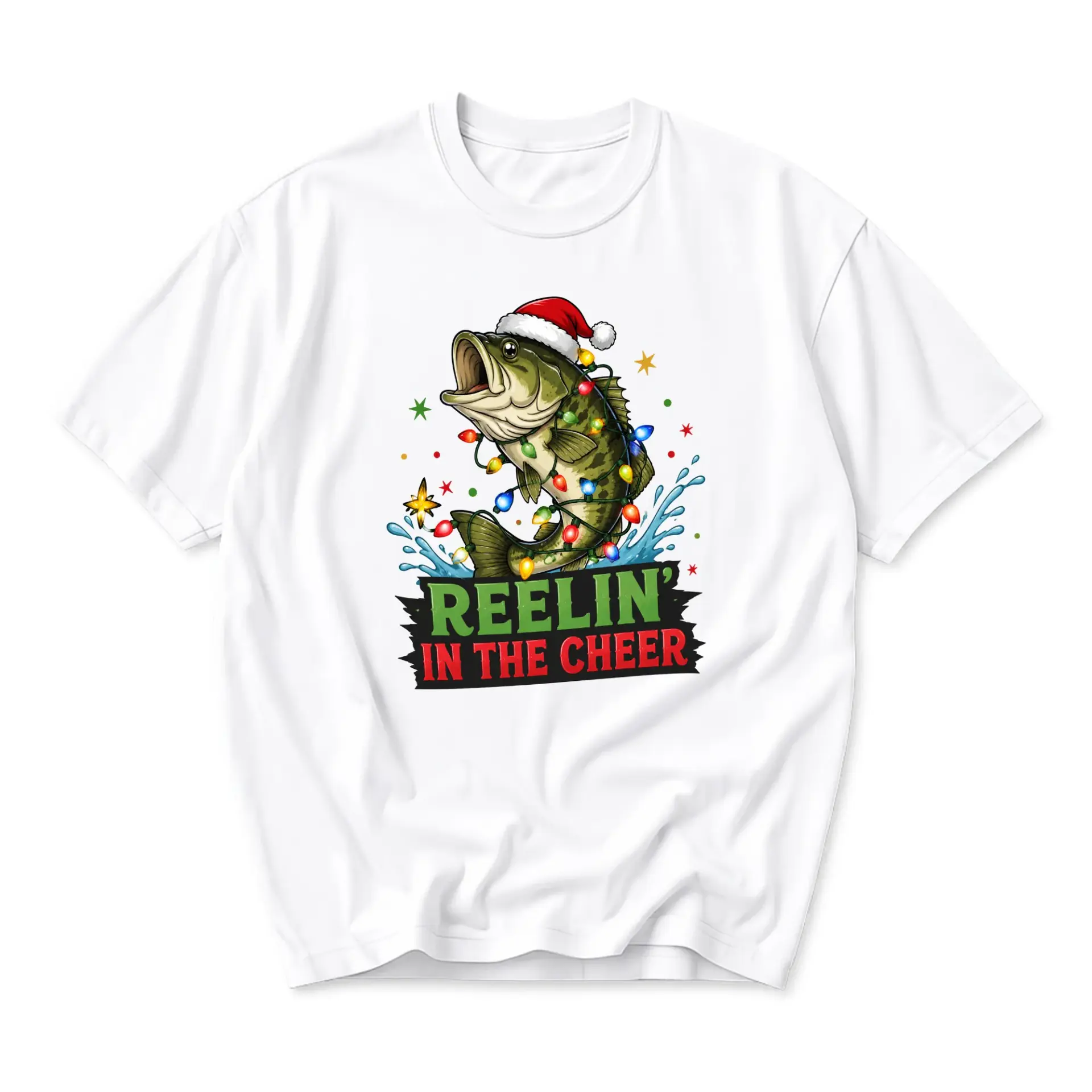 Graphic Tee Reelin in the Cheer Bass Fish Christmas Holiday Unisex Crew Neck Casual Everyday Short Sleeve T-Shirt