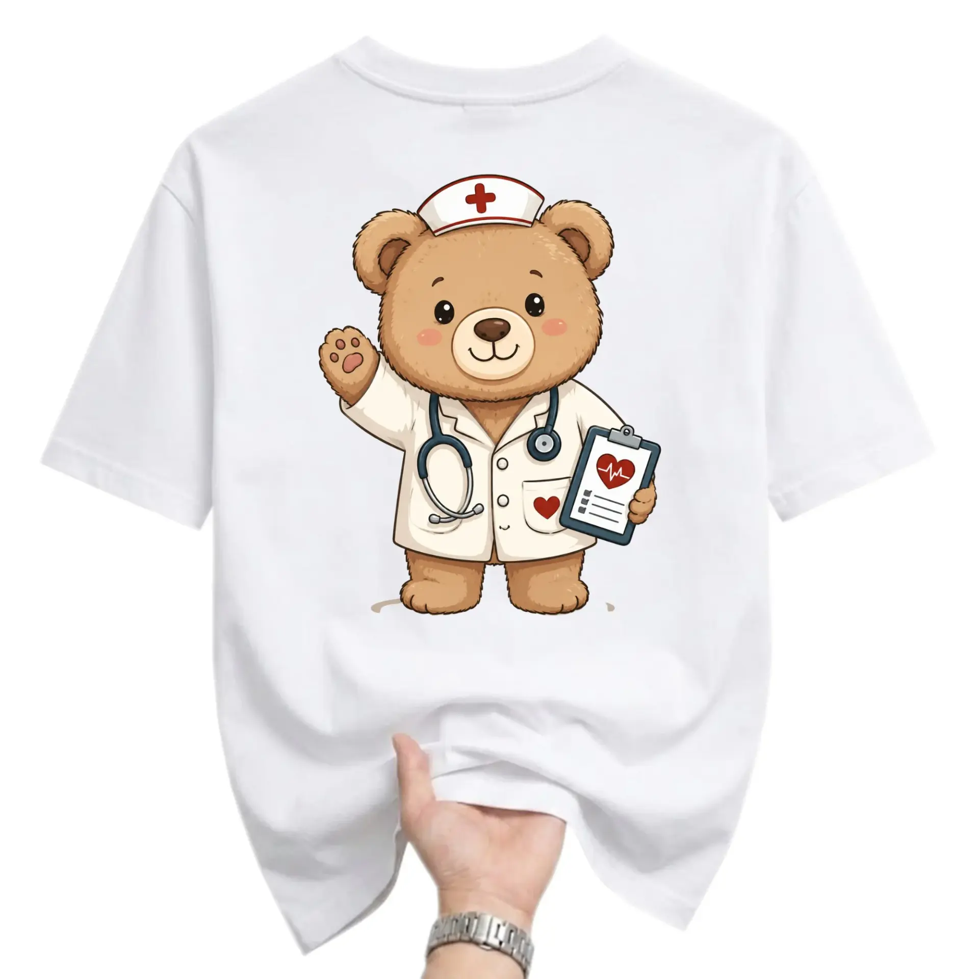 Graphic Tee Unisex Crew Neck T-Shirt Featuring a Cute Teddy Nurse Character