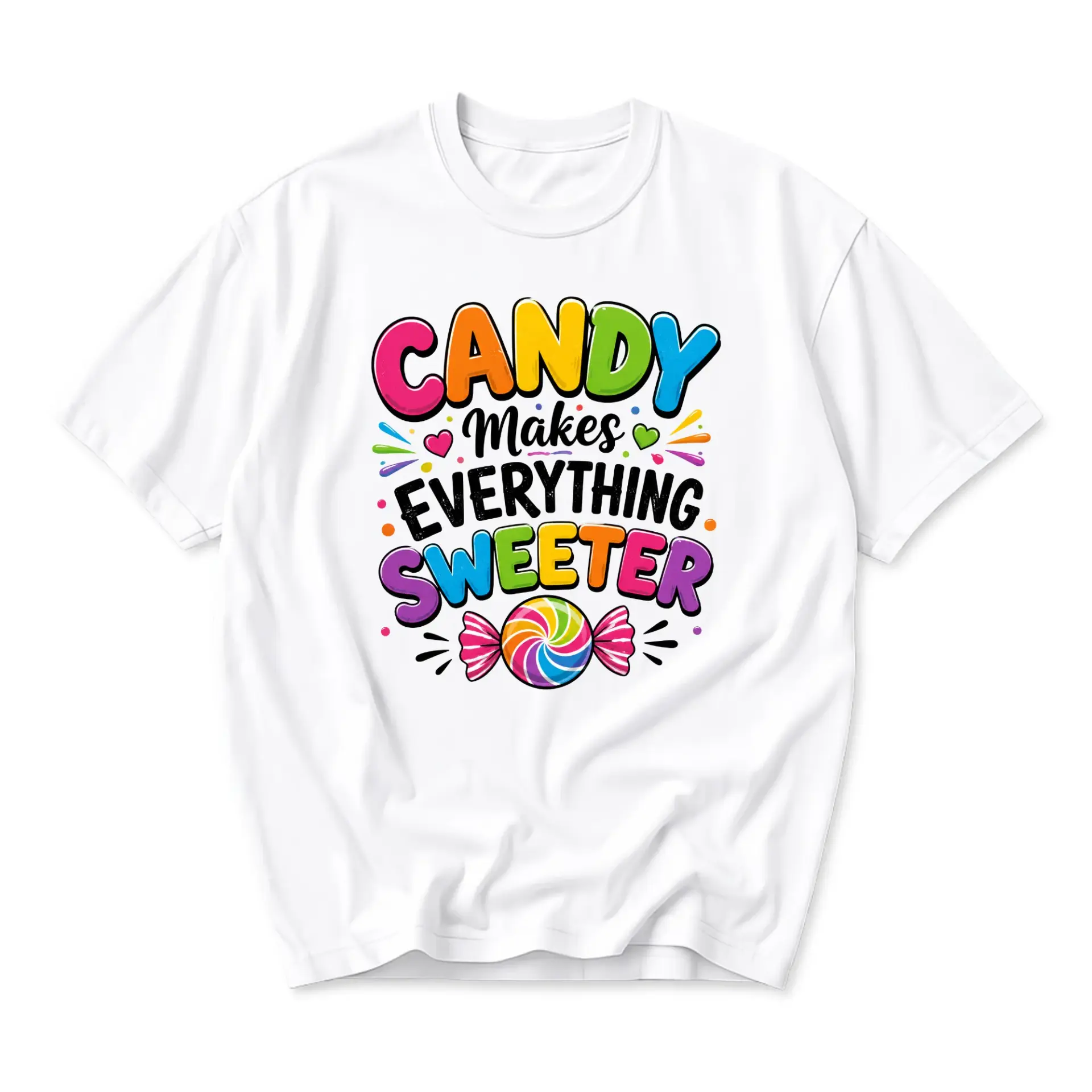 Funny Shirt Candy Makes Everything Sweeter Graphic Tee Retro Style Colorful Unisex Casual Crew Neck Apparel for Everyone