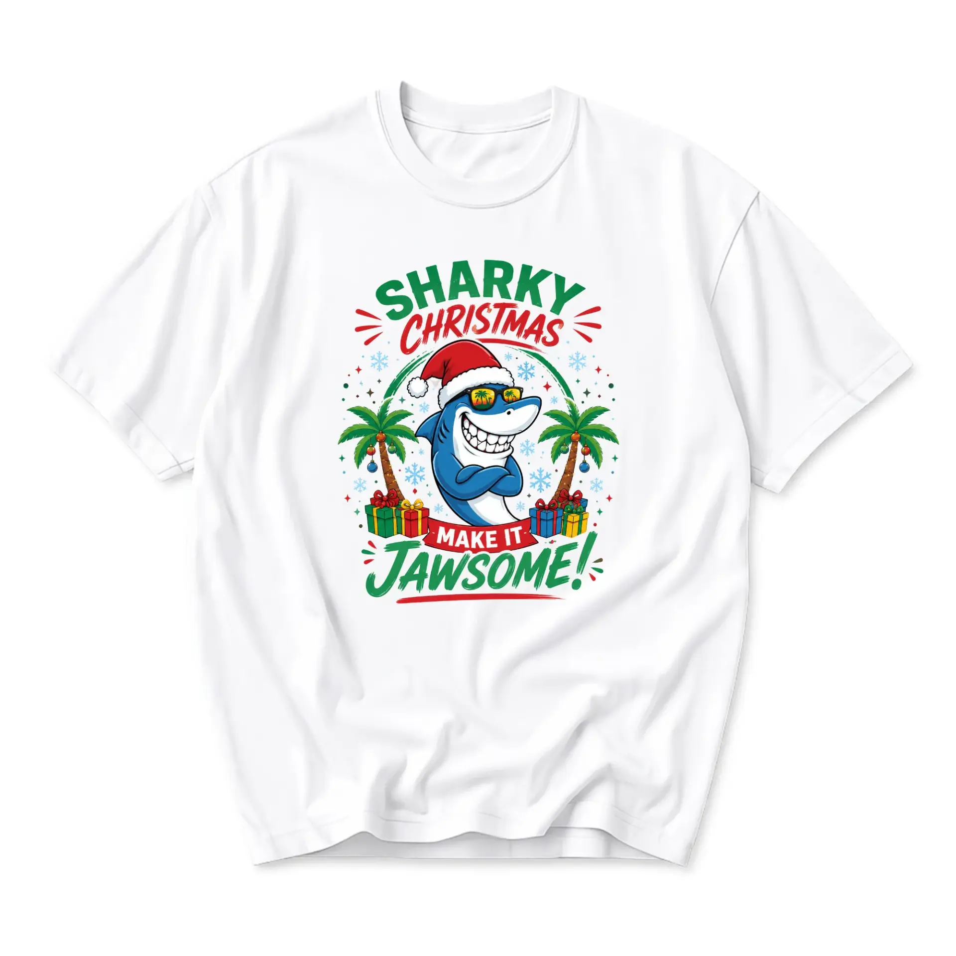 Funny Shirt Sharky Christmas Make It Jawsome Graphic Tee Holiday Tropical