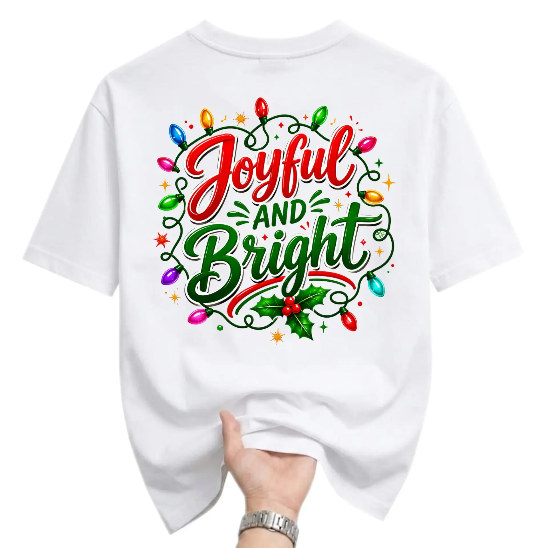 Funny Shirt Joyful and Bright Holiday Graphic Tee Unisex Casual Crew Neck Soft Cotton Blend Apparel Christmas Gift